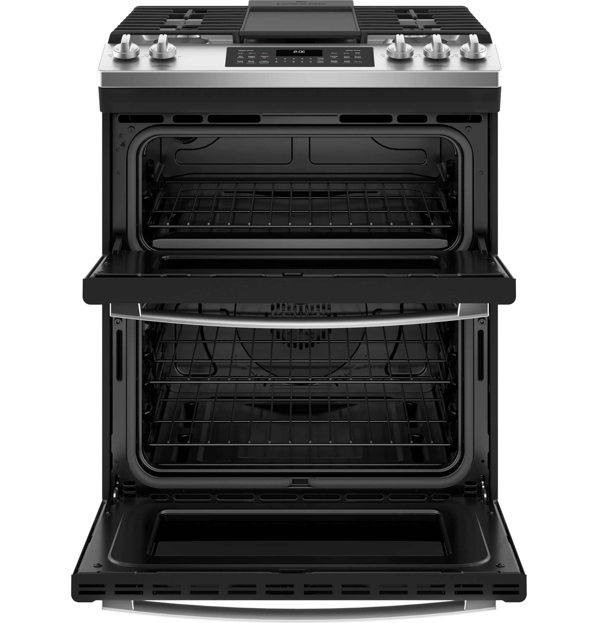 GE 30-in Glass Top 5 Elements 4.4-cu ft / 2.2-cu ft Air Fry Convection Oven  Freestanding Double Oven Electric Range (Stainless Steel) in the Double Oven  Electric Ranges department at