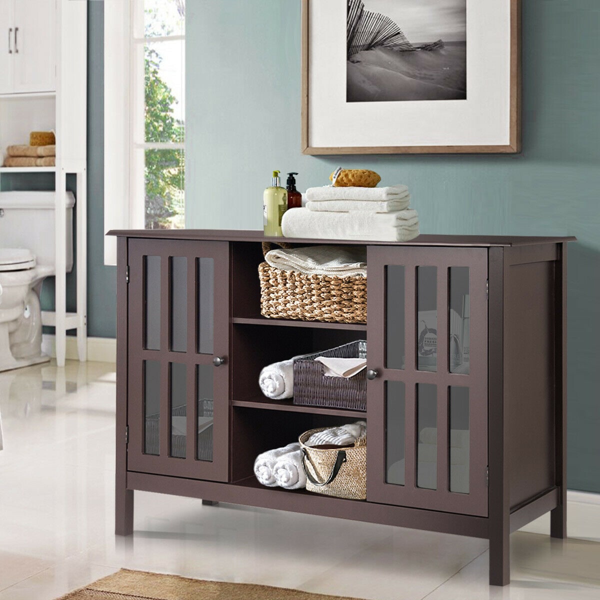 Elegant Tall Brown TV Console with Cabinet Storage and Shelves