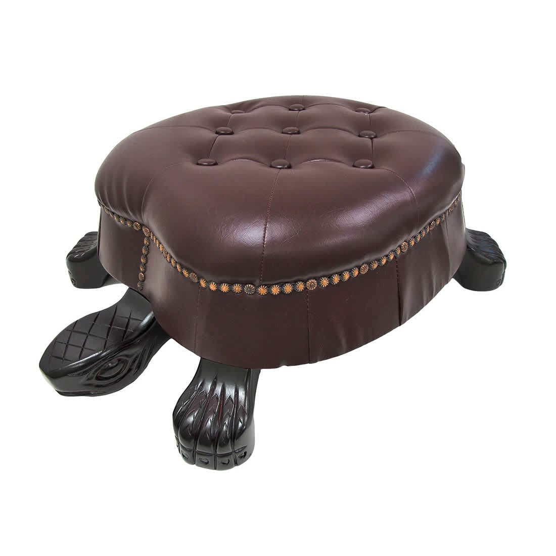 Zeckos 8708 Hand-Carved Wood Turtle Ottoman Stool - Faux Leather Upholstery - Brown Walnut Finish - 28 Inches Long - Brass Tack Accents - Versatile Footrest for Living Room - Exquisite Animal-Inspired Furniture