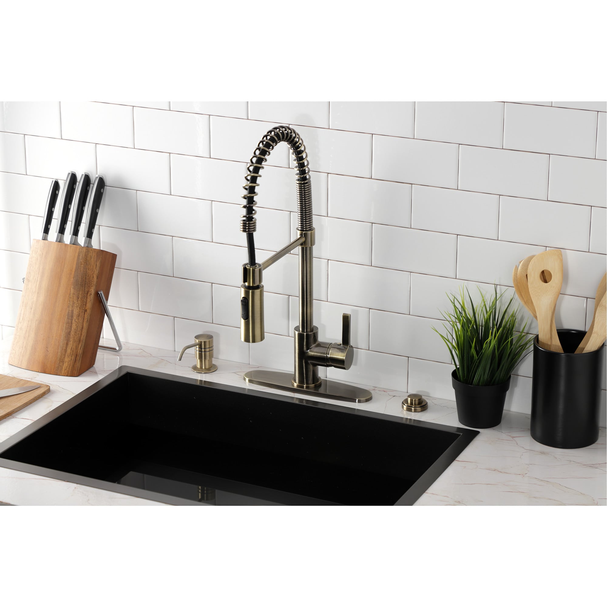 Kingston Brass WLLS877CTLAB Continental Antique Brass Single Handle Deck-mount Pre-rinse Kitchen Faucet ( Deck Plate Included )