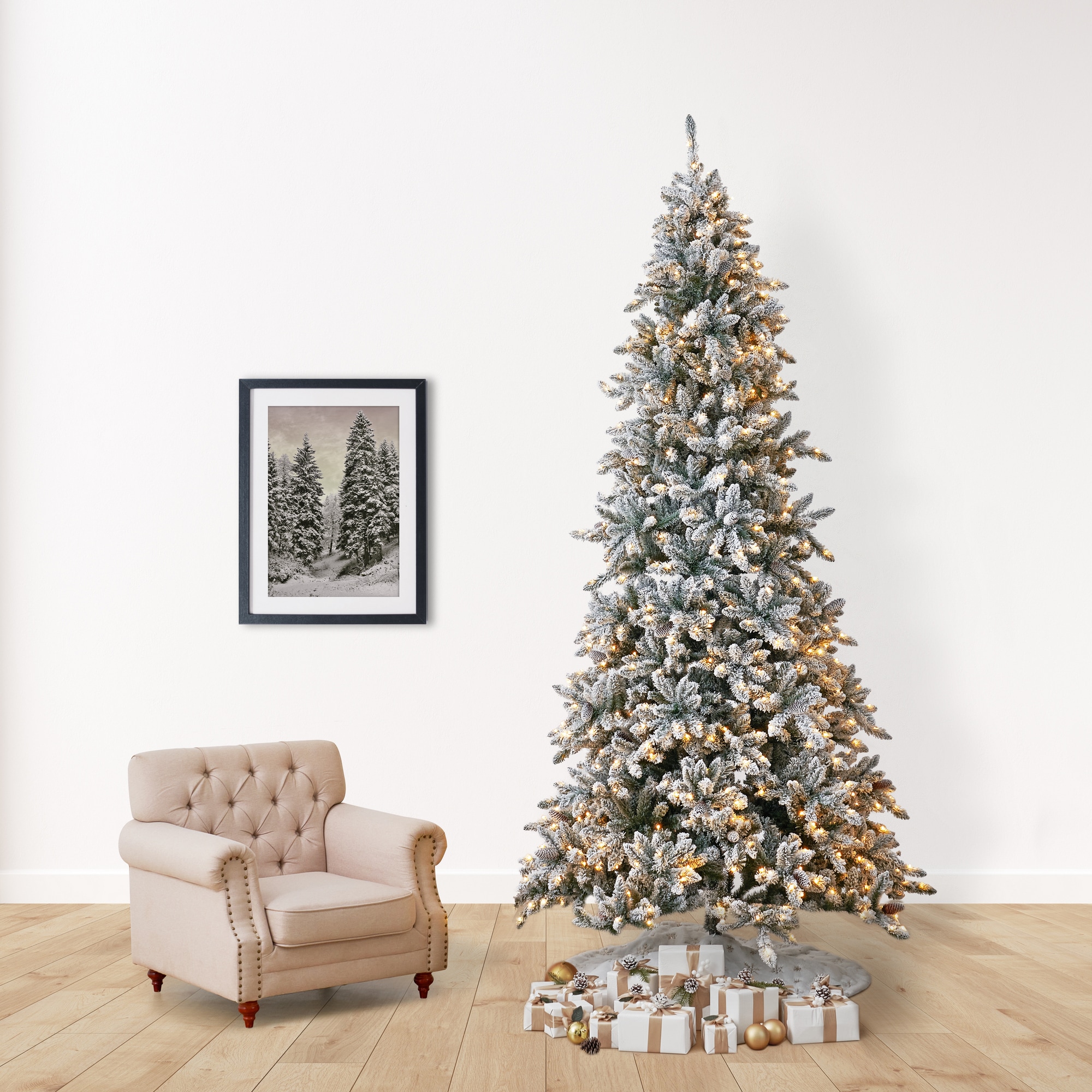 Nearly Natural 10-ft Fir Pre-lit Flocked Artificial Christmas Tree with ...