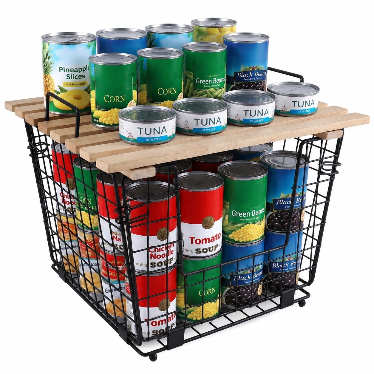 JVFCXXV  Wire Storage Basket with Bamboo Top Open Front Can Organizer for Pantry Kitchen Counter and Cabinet Shelf durable home and garden