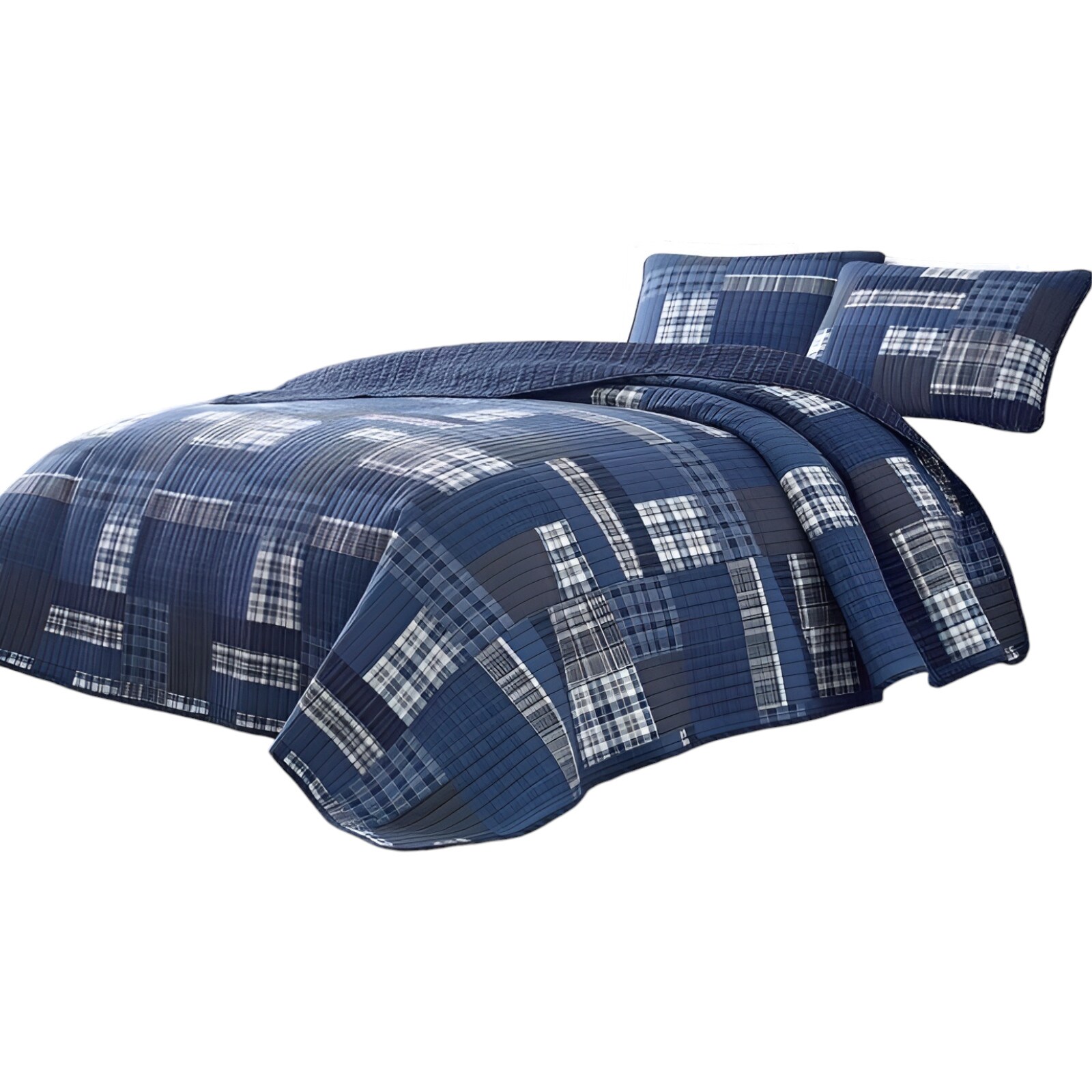 Slickblue 3 or 2-Piece Blue- Full/Queen- Twin - Cotton Reversible Patchwork Quilt Set for Bedroom or Guest Room Use