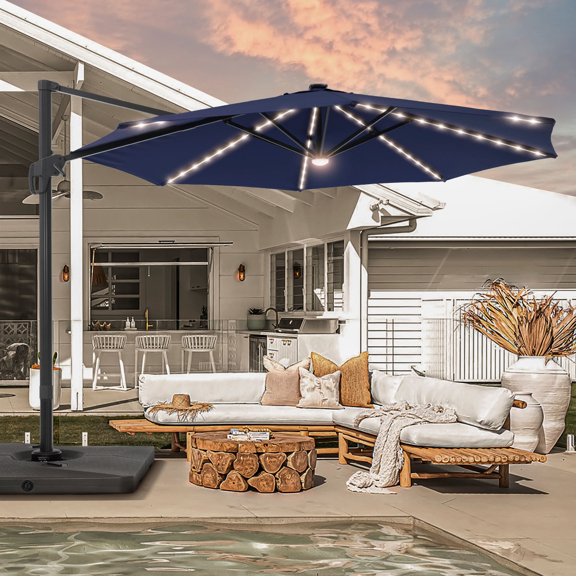 Sonkuki SD-LED140BL-BASE 11-Feet Aluminum Navy Cantilever Patio Umbrella with Lights and