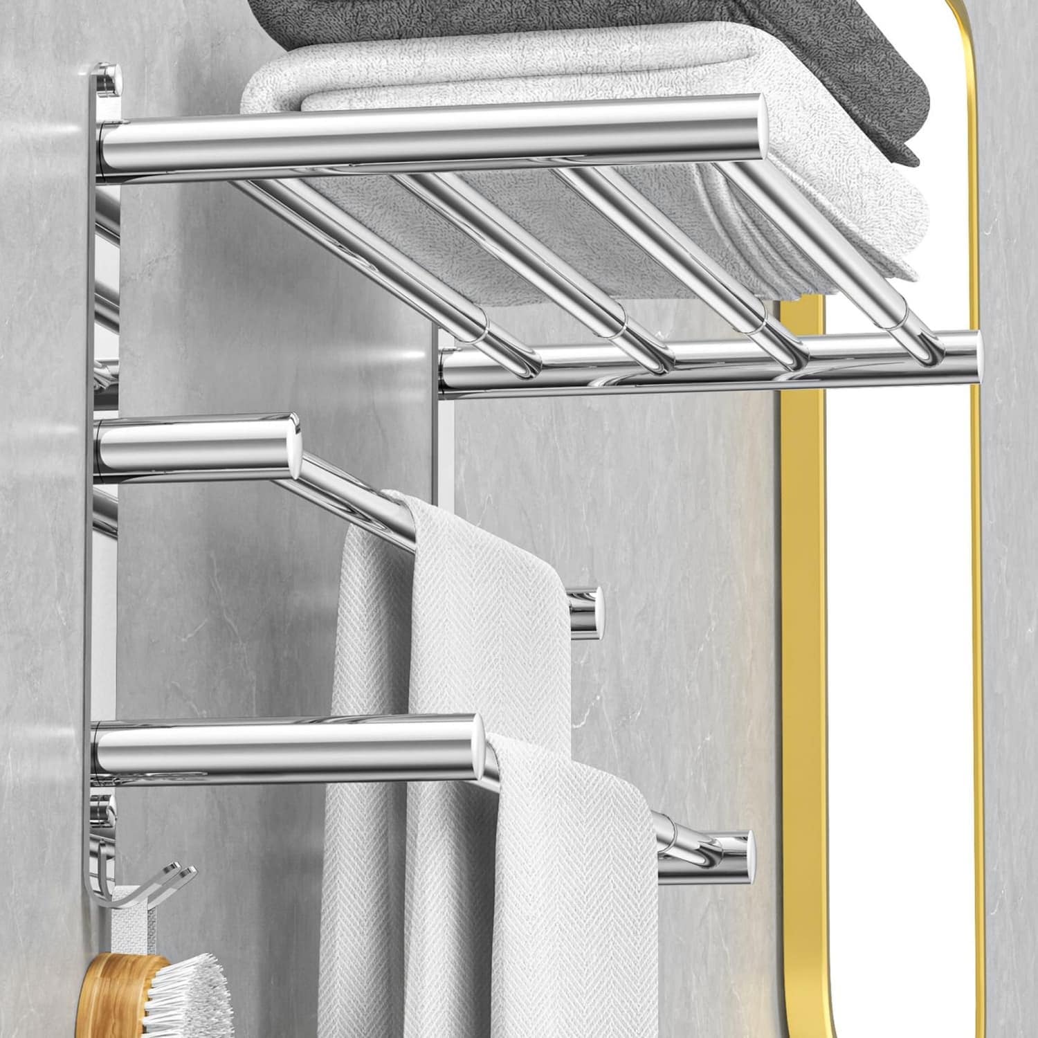 Angel Sar 3-Layer Polished Stainless Steel Adjustable Towel Rack with Towel Bar Hooks for Bathroom