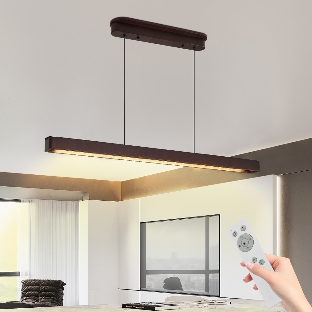 Basdien 39 in Brown Modern Walnut Wood LED Pendant Light Remote Control Dimmable Dining Room Kitchen Living Room Bedroom Foyer Hallway Entryway Office Hotels Restaurants Sleek Wood Finish Iron Frame Color Temperature 3000K 6500K Energy Savings