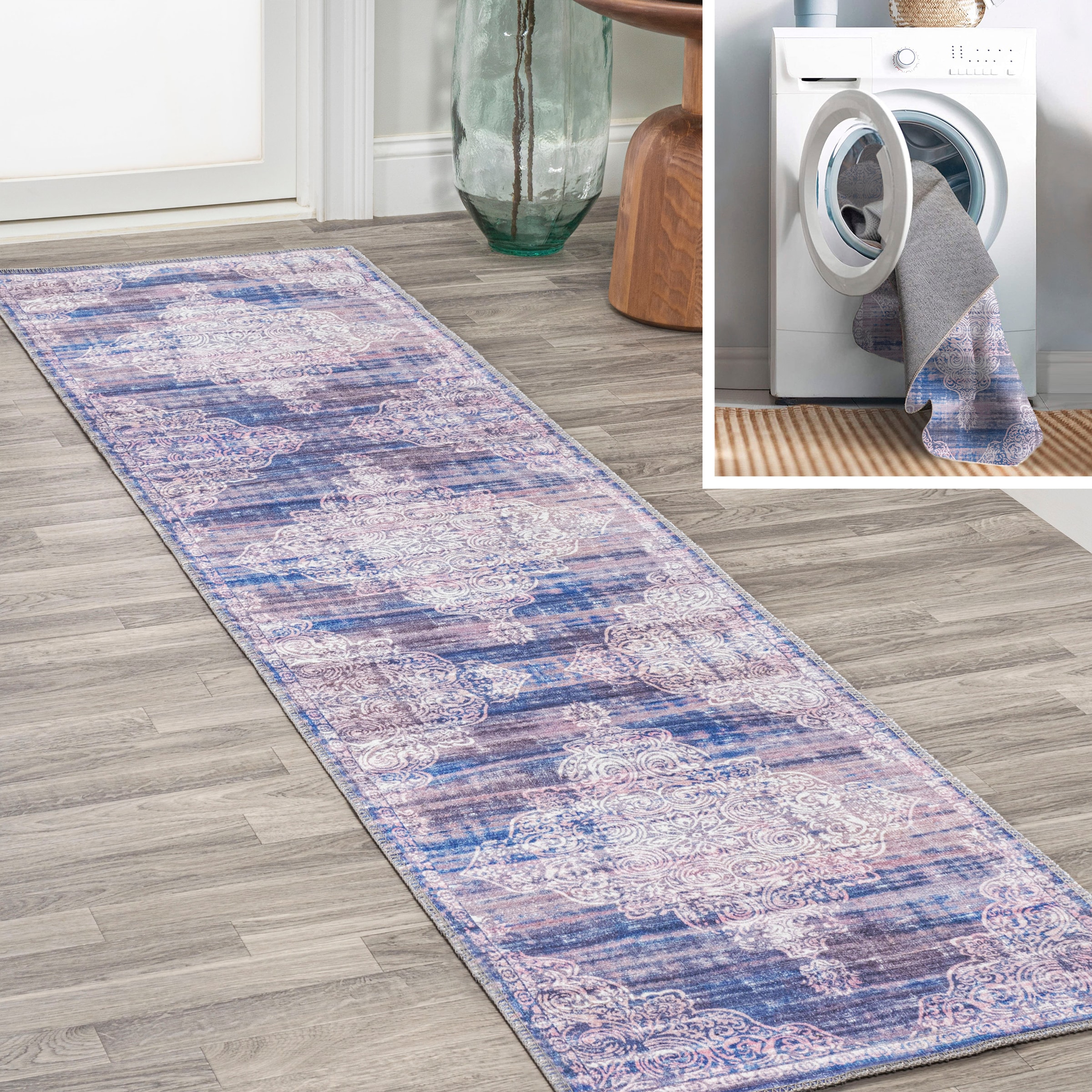 JONATHAN  Y WSH107A-28 WASHABLE Regis Bohemian Medallion 2 x 8 (ft) Loomed Polypropylene Blue Rectangular Indoor Border Farmhouse/Cottage Machine washable Runner rug
