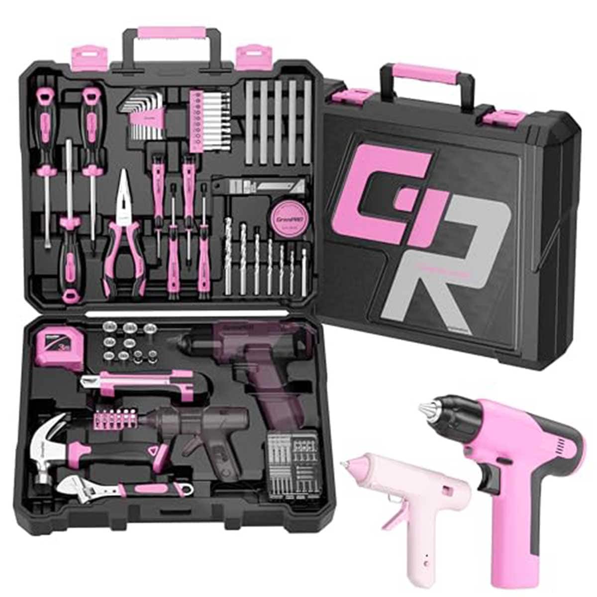Afoxsos 188 Piece Pink Tool Kit with Cordless Drill for Home DIY Furniture Assembly Auto Repair Includes Hammer Wrench Pliers Storage Case