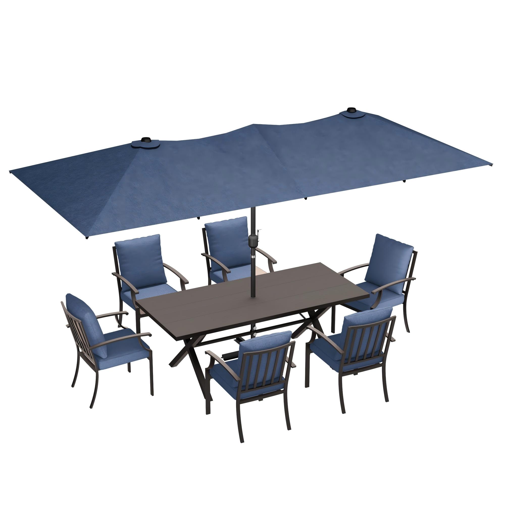 ALAULM LS-SAN7DM-NAVY 8 -Piece Brownish Black Patio Dining Set Iron Rectangle Table with 6 Navy Cushions Stackable Stationary Chairs and Umbrella Included