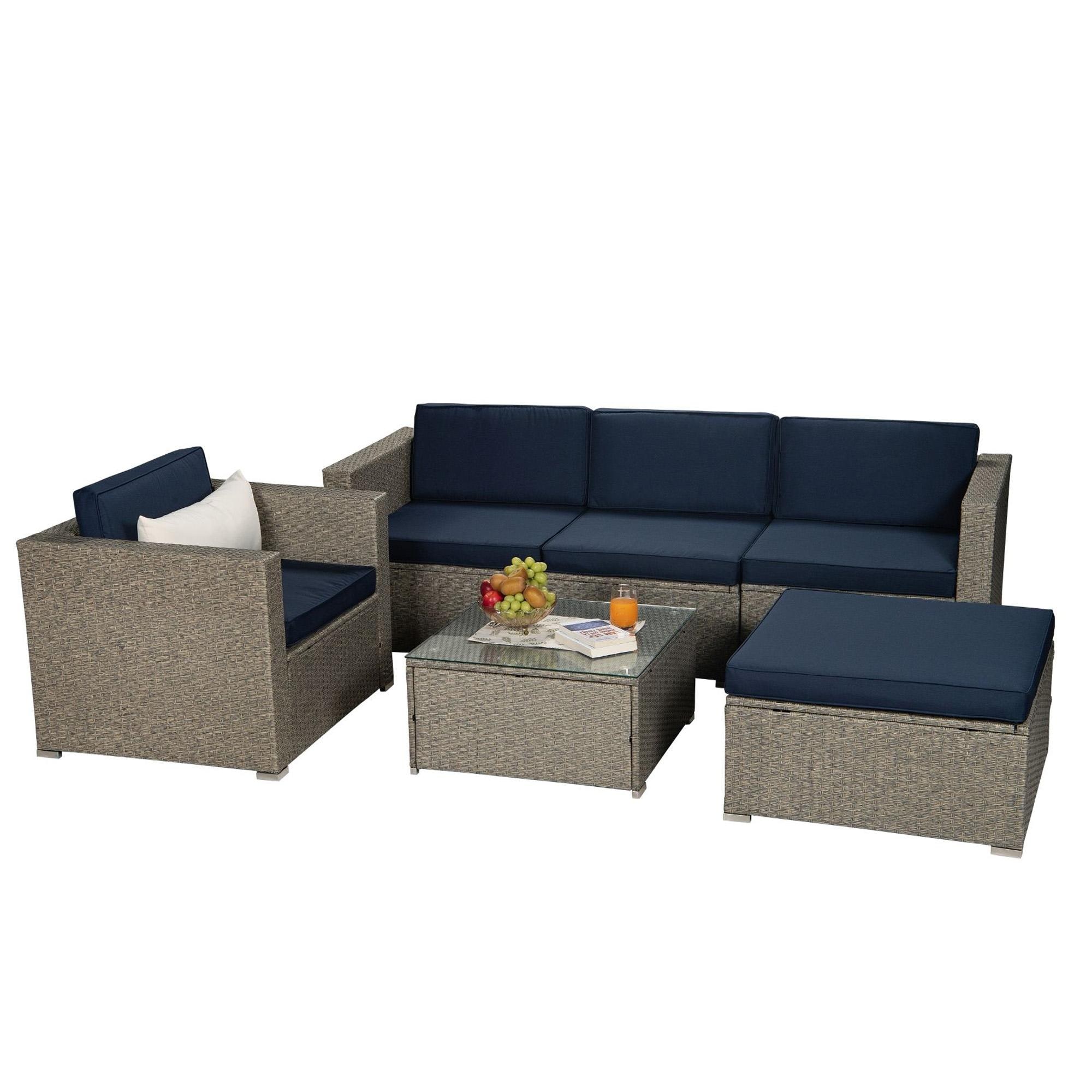 Bayfeve BF-0033BFN 8 -Piece Rattan Patio Conversation Set with Blue Cushions