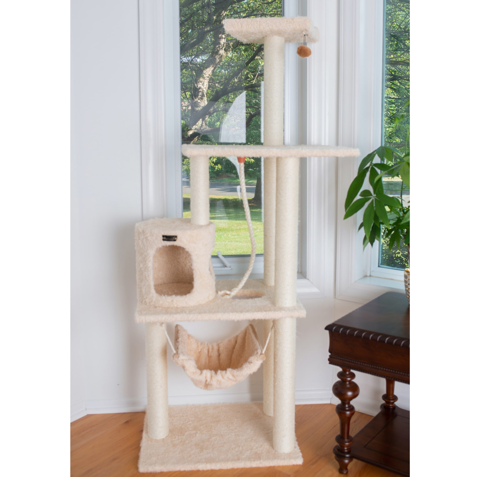 70'' Beige Faux Fur Multi-Level Cat Tree with Sisal Posts