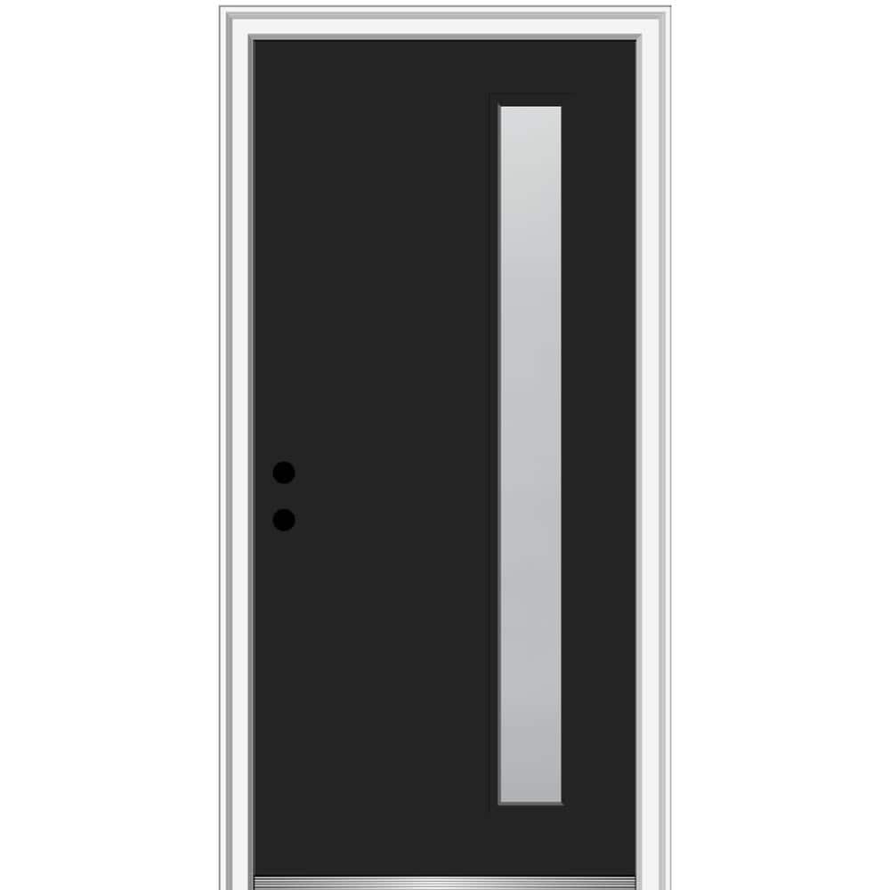 MMI DOOR ZZ347289R Spotlights 32-in x 80-in x 4-9/16-in Fiberglass Pulse lite Right-hand inswing Black Painted Prehung Front Door with Brickmould Insulating core