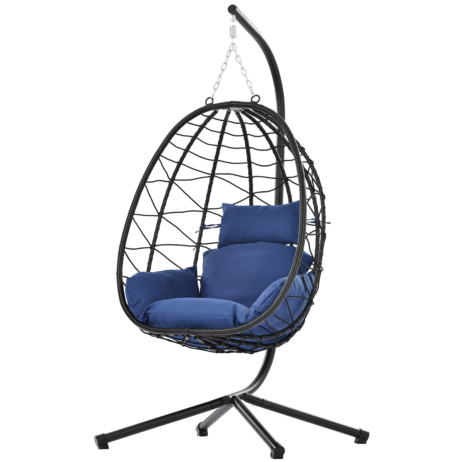 SINOFURN SYB670017NY Wicker Black Wicker Frame Hanging Egg Chair with Navy Cushioned Seat