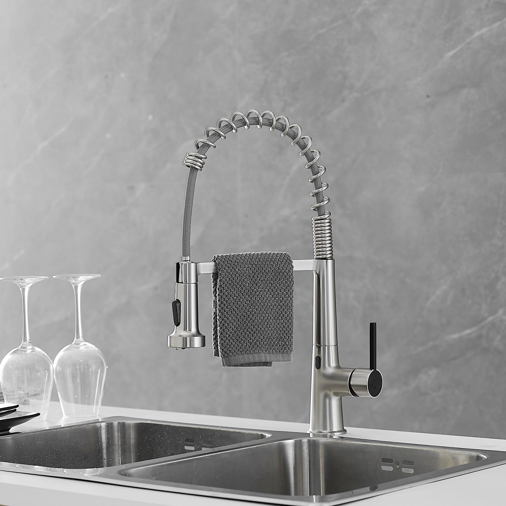 Boyel Living BL-2IS270N-1P1R Brushed Nickel 2 Spray Patterns 1.8 GPM Single Handle Touchless Pull Down Sprayer Kitchen Faucet