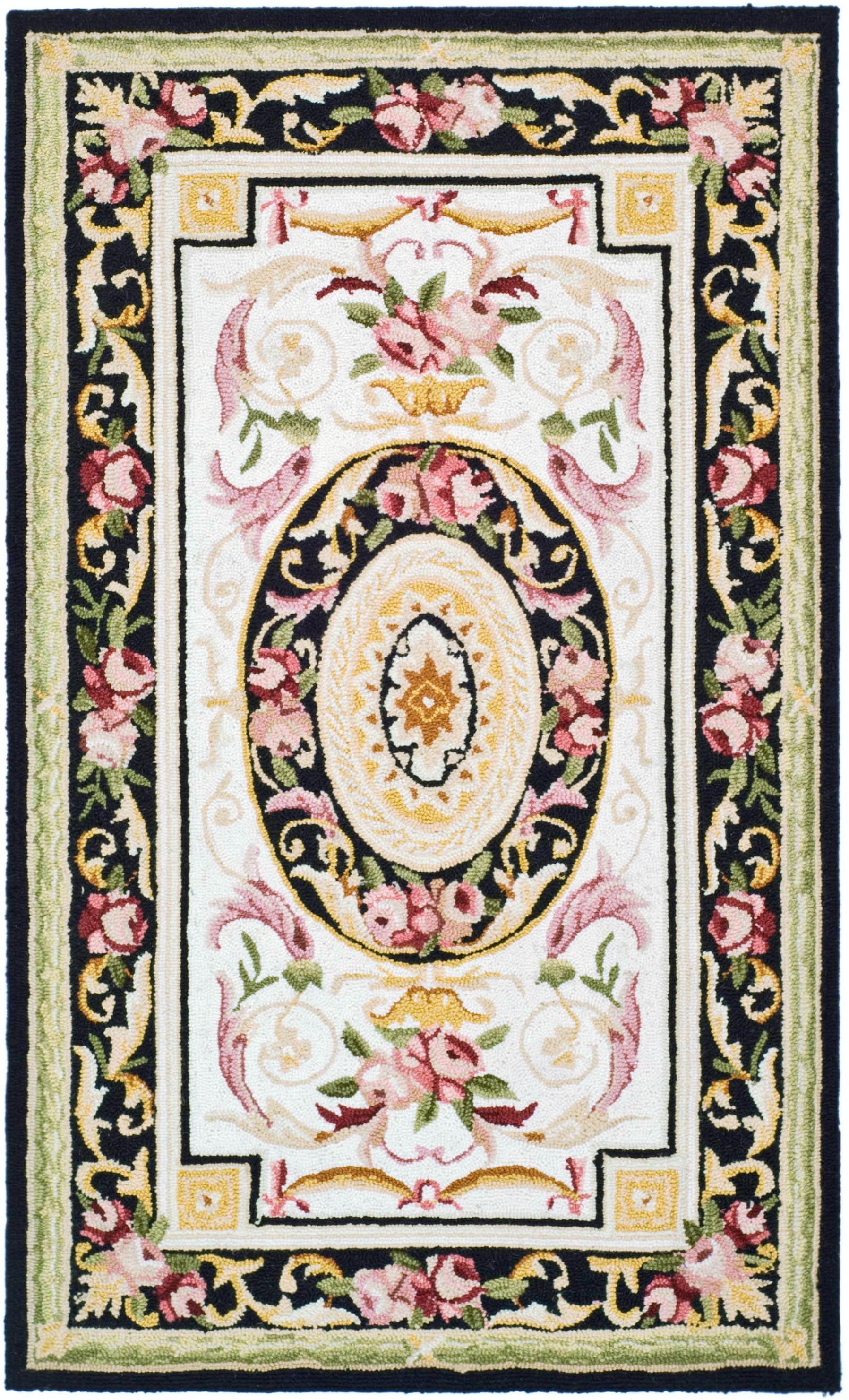 Safavieh HK72B-3 Chelsea Aubusson 3 x 5 (ft) Hooked Wool Ivory/Black Rectangular Indoor Floral/Botanical Throw rug