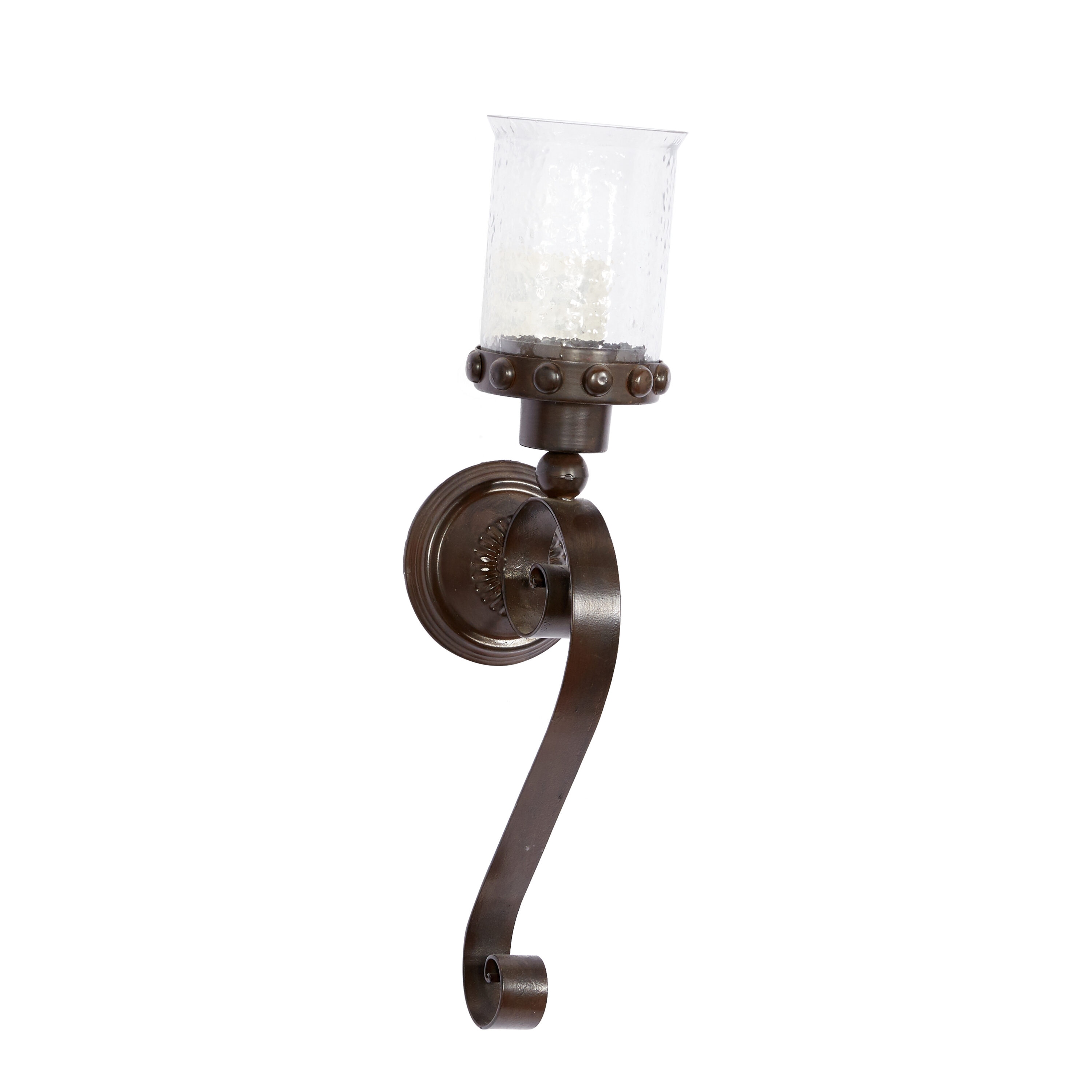 Brown Metal Scroll Wall Sconce with Glass Hurricane