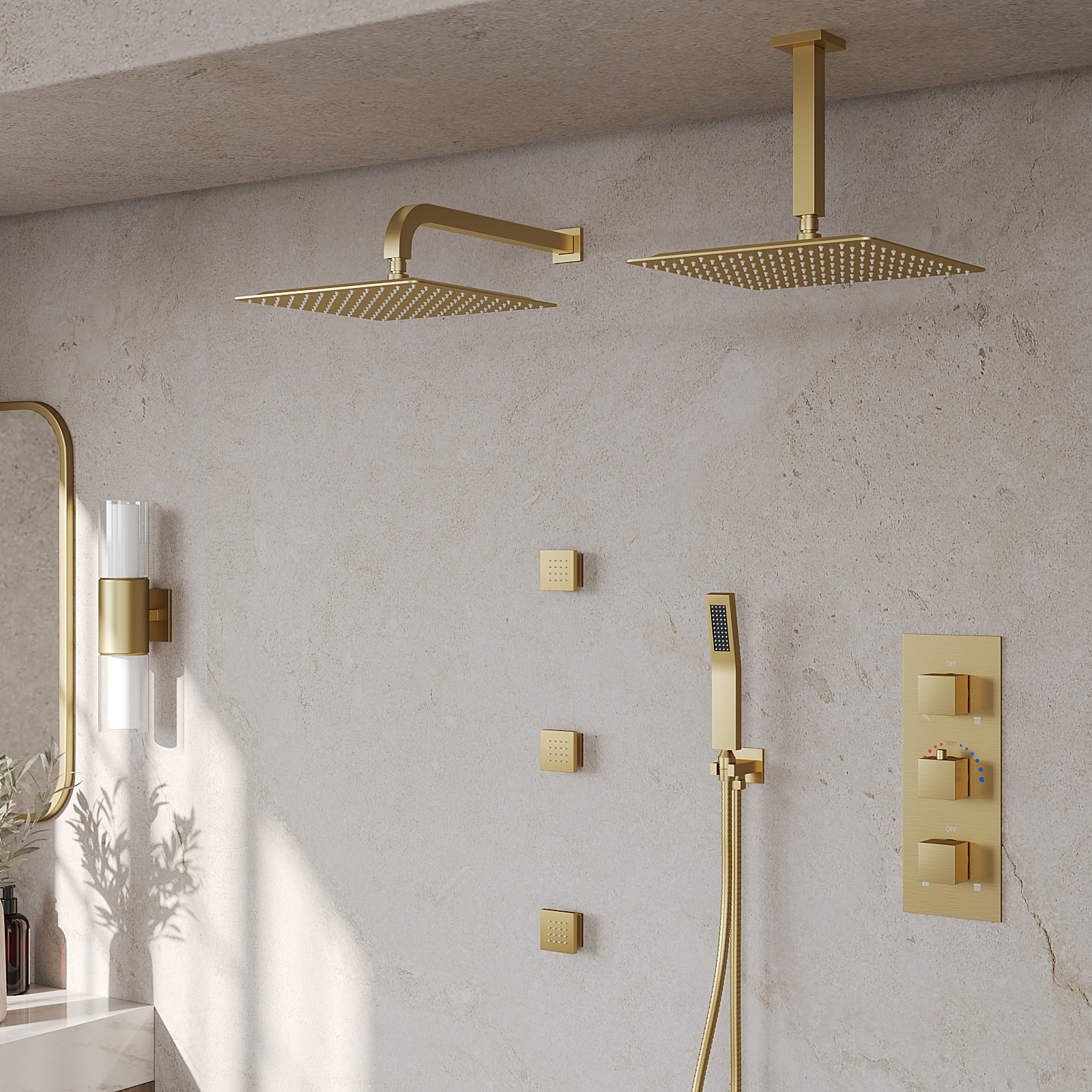 GRANDJOY SFS-1070-GD12 ZenithRain Brushed Gold 12-in Dual Head Built-In Shower Faucet System with 2-way Diverter ( Thermostatic Valve Included )