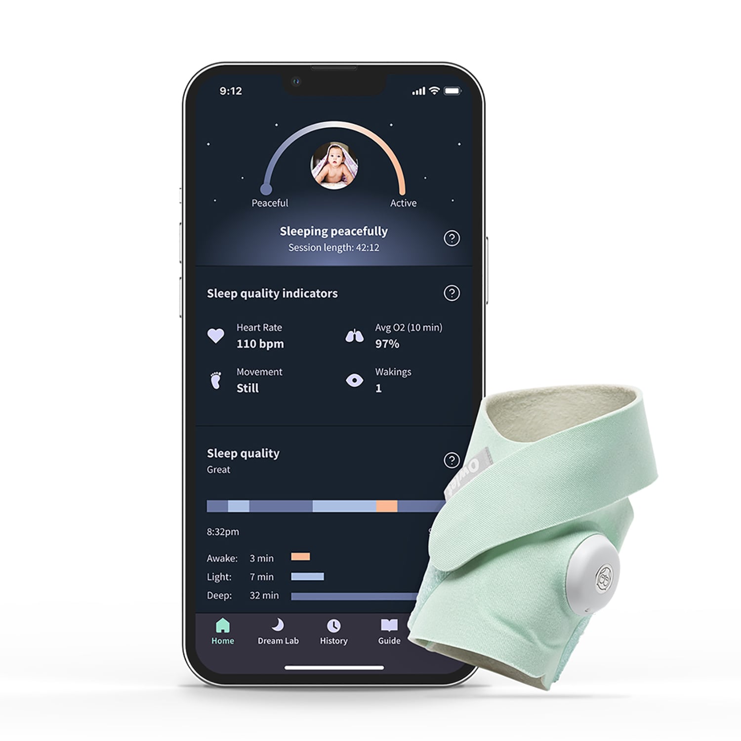 Dream Sock Baby Monitor - Track Sleep Trends, Personalized Sleep Program, Review Sleep Sessions in Green | - Owlet BM06NMMCJ