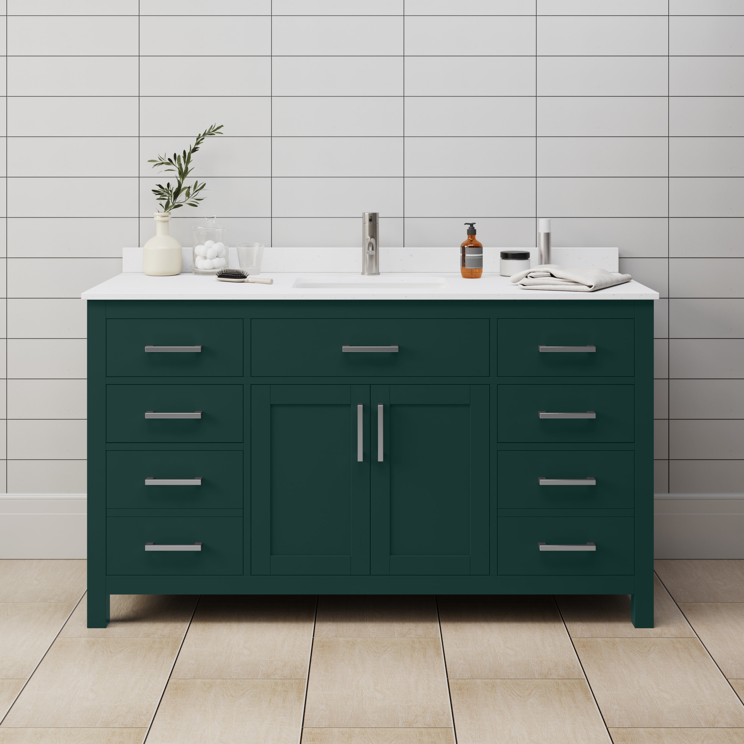 Wyndham Collection WCG242460SGEWCUNSMXX Beckett 60-in Green with Brushed Nickel Trim Undermount Single Sink Bathroom Vanity with White Cultured Marble Top