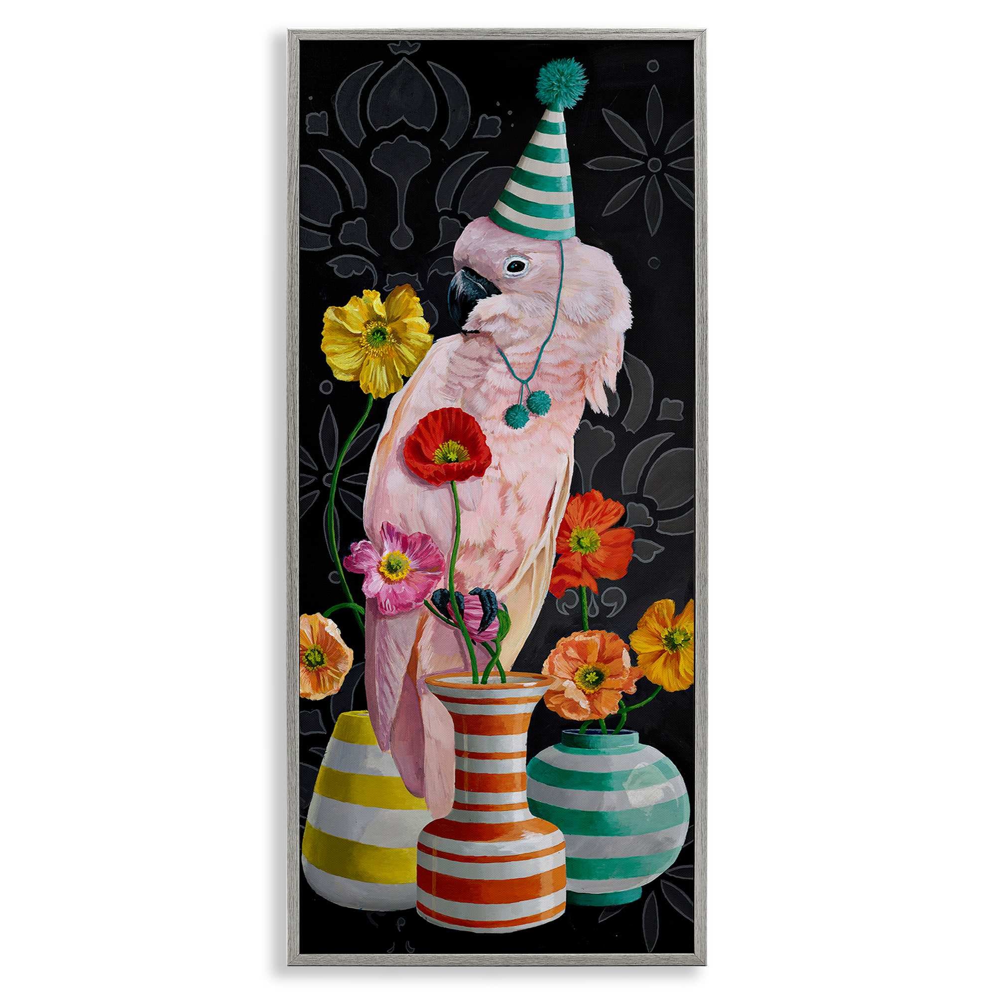 Stupell Industries BS-992-GFF-10X24 Cockatoo and Striped Vases Gray Framed Giclee Art By Heather Gauthier 10 x 24