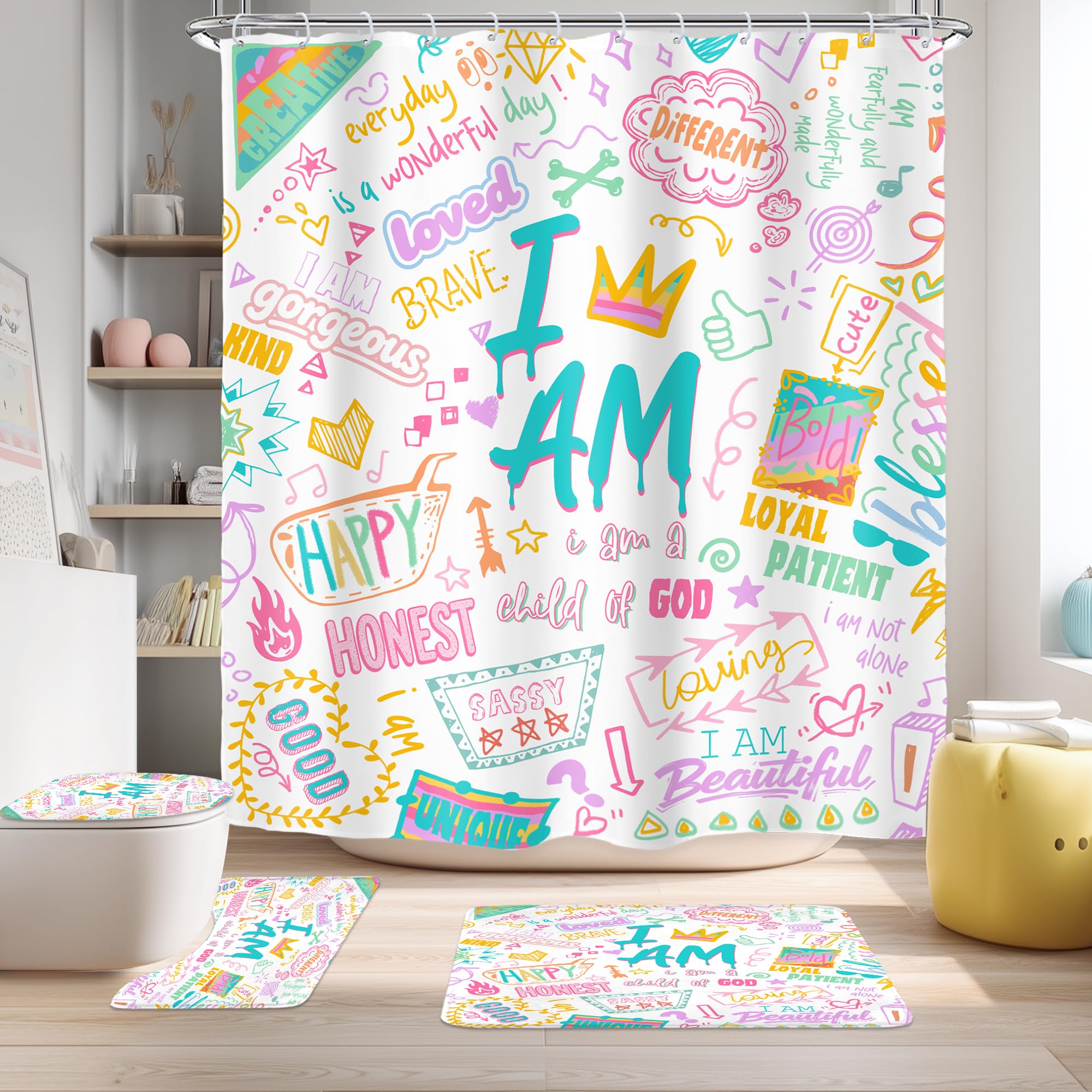 AKSCYZM  Pink Teal Kids Quotes Bathroom Shower Curtain Set with Bath Mat Toilet Lid Cover Contour Rug and 12 Plastic Hooks