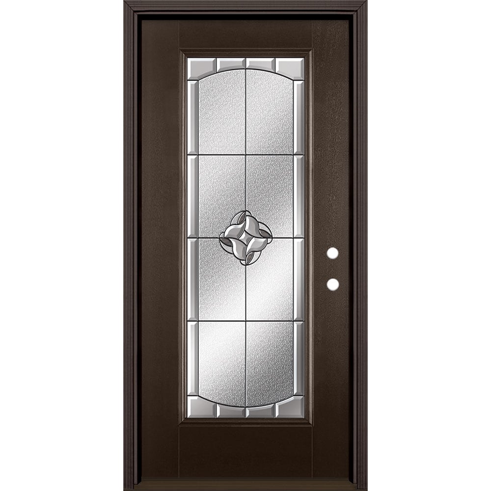 Masonite 3422975 Rozet 36-in x 80-in x 4-9/16-in Fiberglass Full lite Left-hand inswing Walnut Stained Prehung Single door Front Door with Brickmould Insulating core Decorative glass