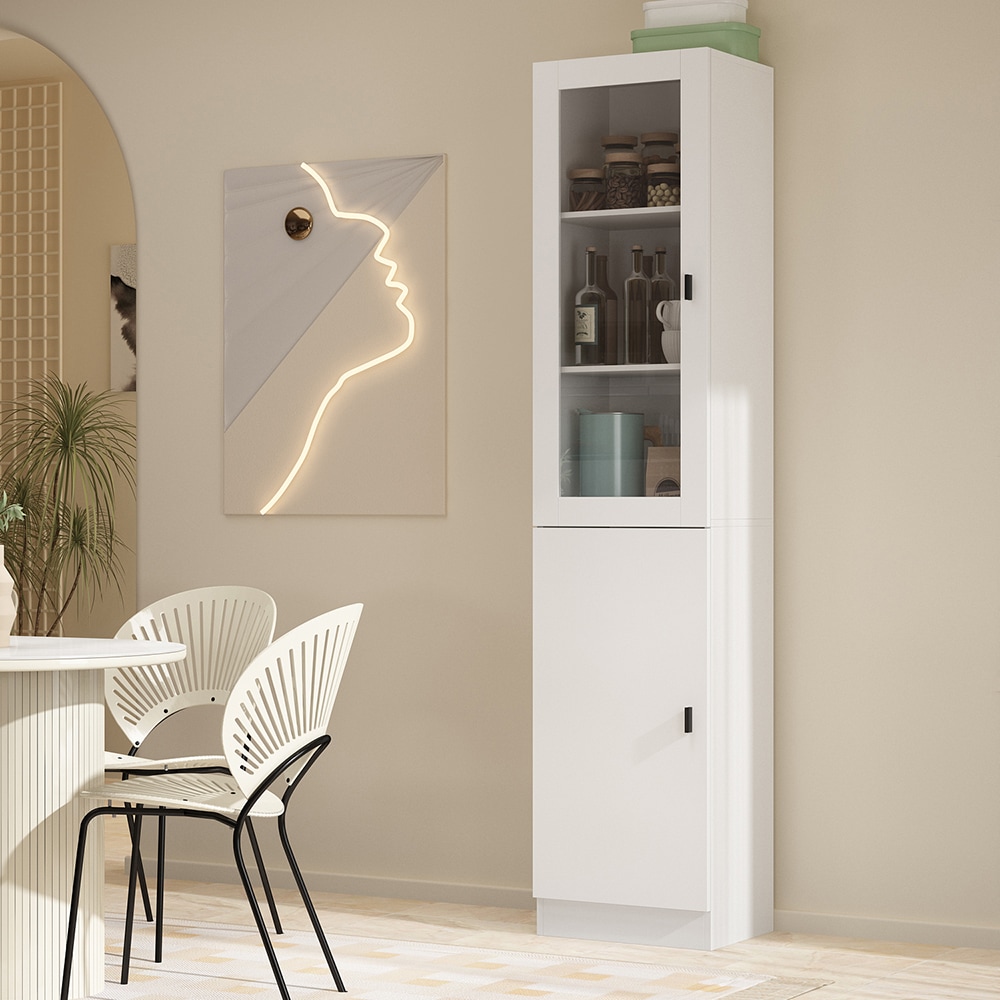 Homsee V-KF210158-01 Wood Kitchen Storage Cabinet Buffet and Hutch Combination Cabinet with Adjustable Shelf and Glass Doors for Kitchen or Dining Room 15.7''L x 11.5''W x 70.9''H White