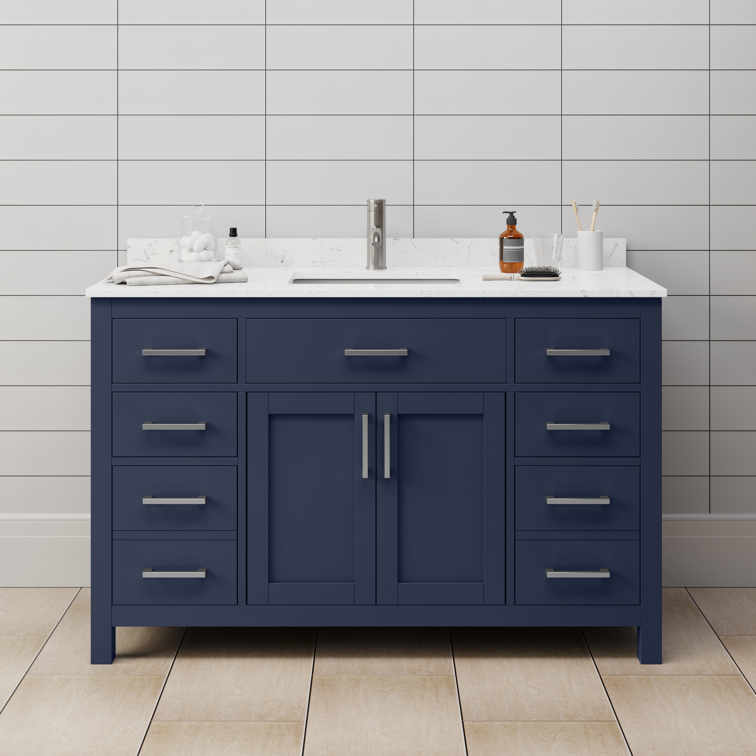 Wyndham Collection WCG242454SBNCCUNSMXX Beckett 54-in Dark Blue with Brushed Nickel Trim Undermount Single sink Bathroom Vanity with Carrara Cultured Marble Cultured marble Top