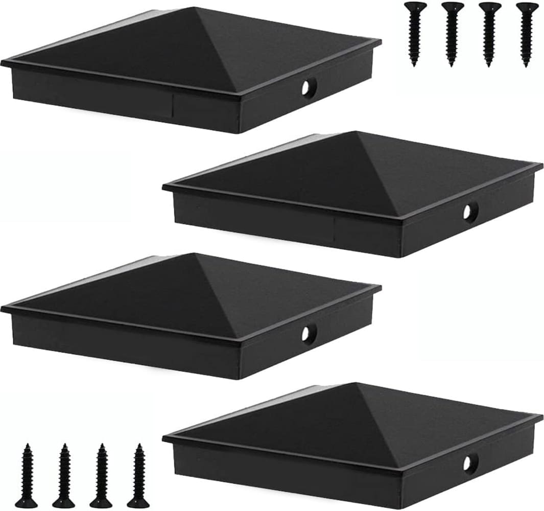 Etokfoks  aluminum pyramid post caps for true 6 x 6 rough wood posts 6 1 8 x 6 1 8 interior matte black finish set of four with screws