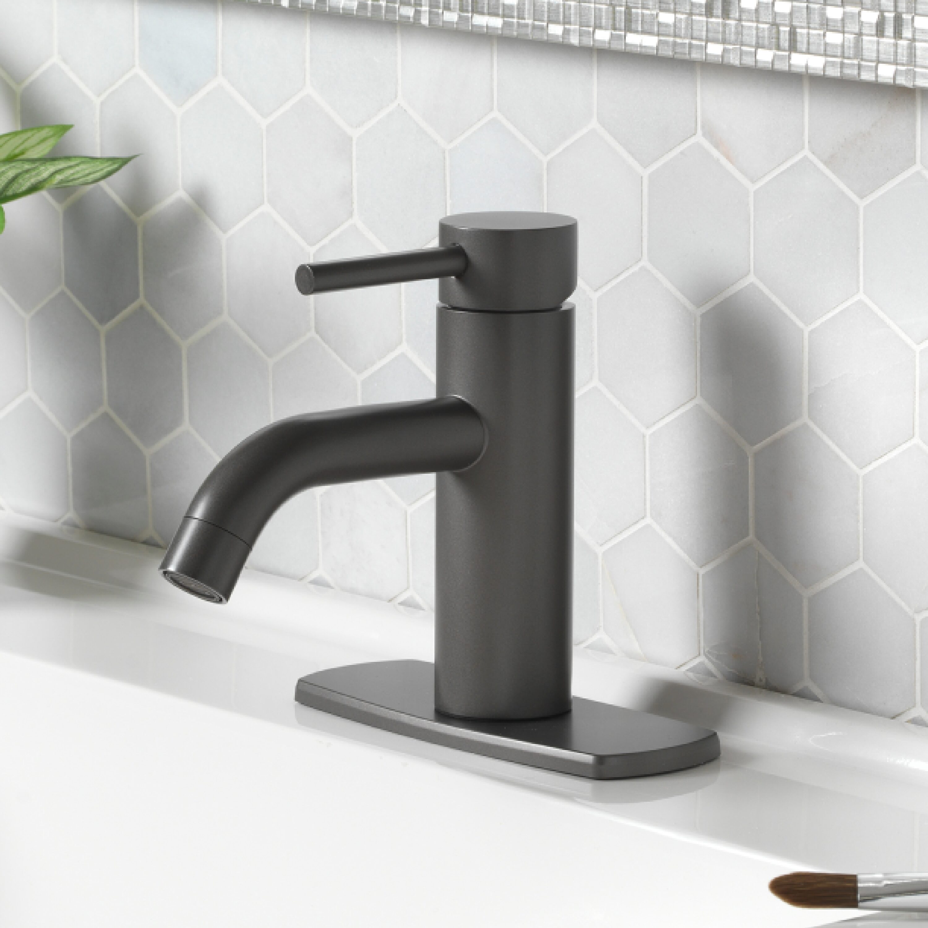 Project Source BPS-102-GM Larton Gun Metal Single hole 1-handle WaterSense Mid-arc Residential Handle Bathroom Sink Faucet with Drain with Deck Plate