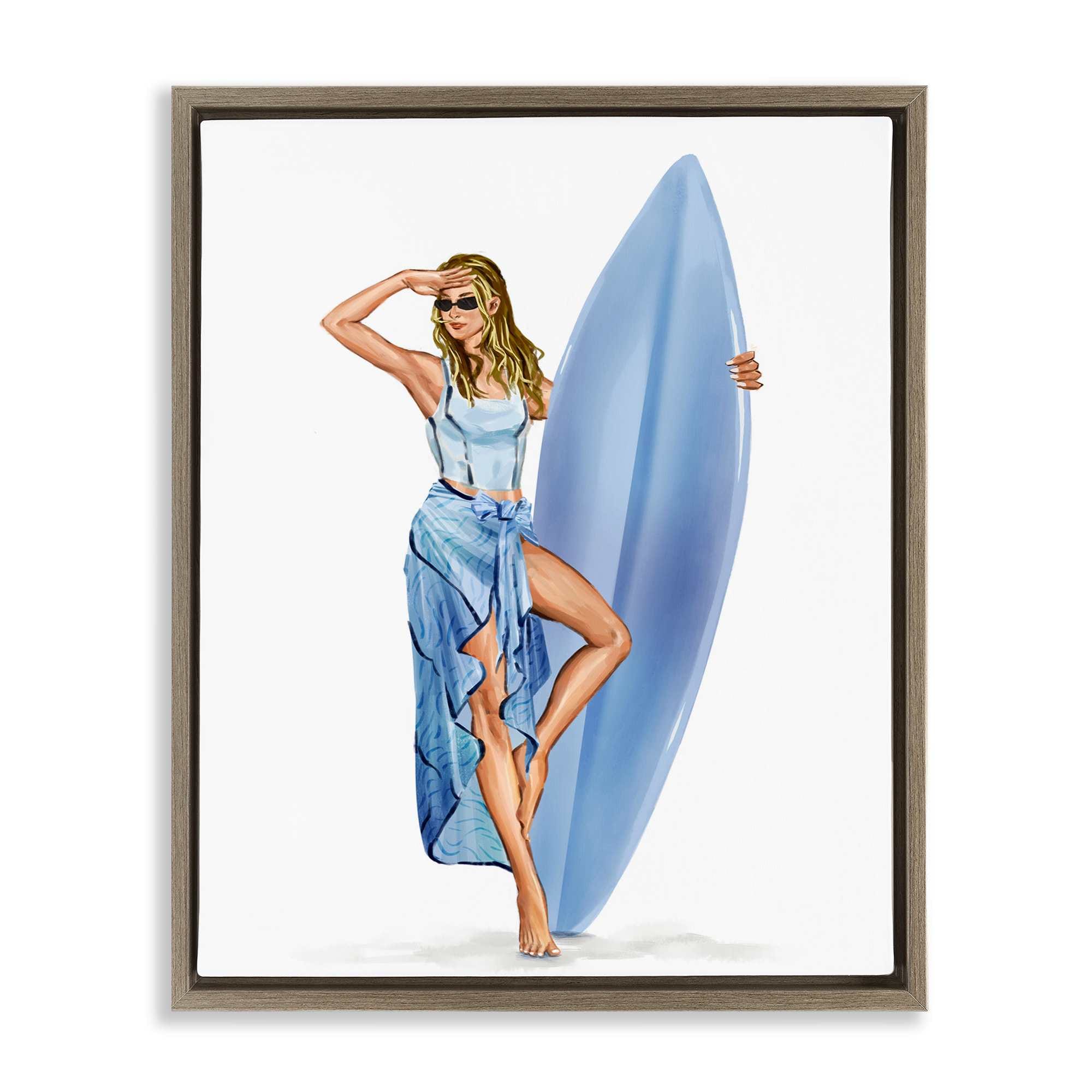 Stupell Industries BT-197-FFE-16X20 Trendy Surfer Girl in Blue Brown Framed Floater Canvas Wall Art By Ziwei Li 17 x 21