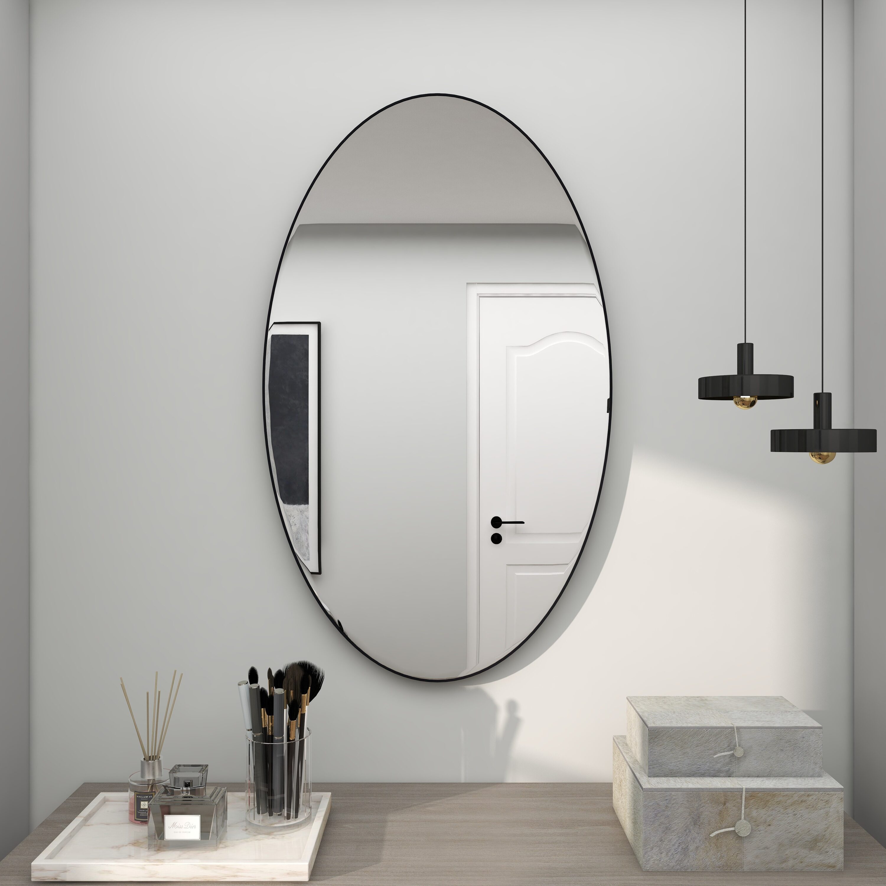 Modern Oval Black and Silver Wood Framed Dresser Mirror