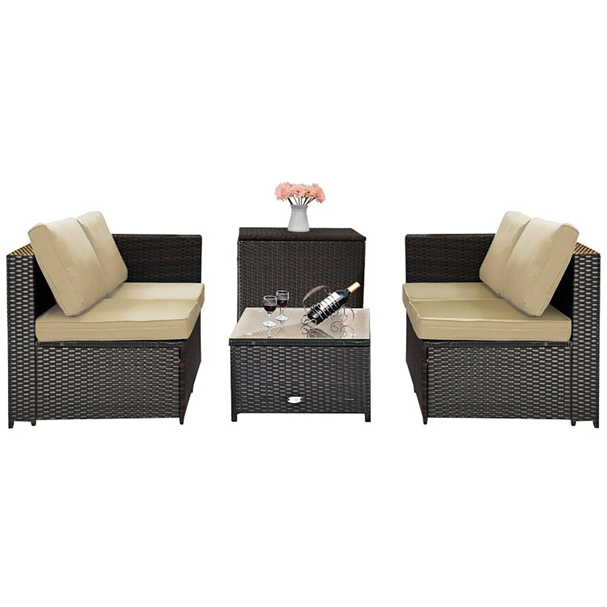 Brown 4-Piece Rattan Wicker Outdoor Patio Set with Cushions