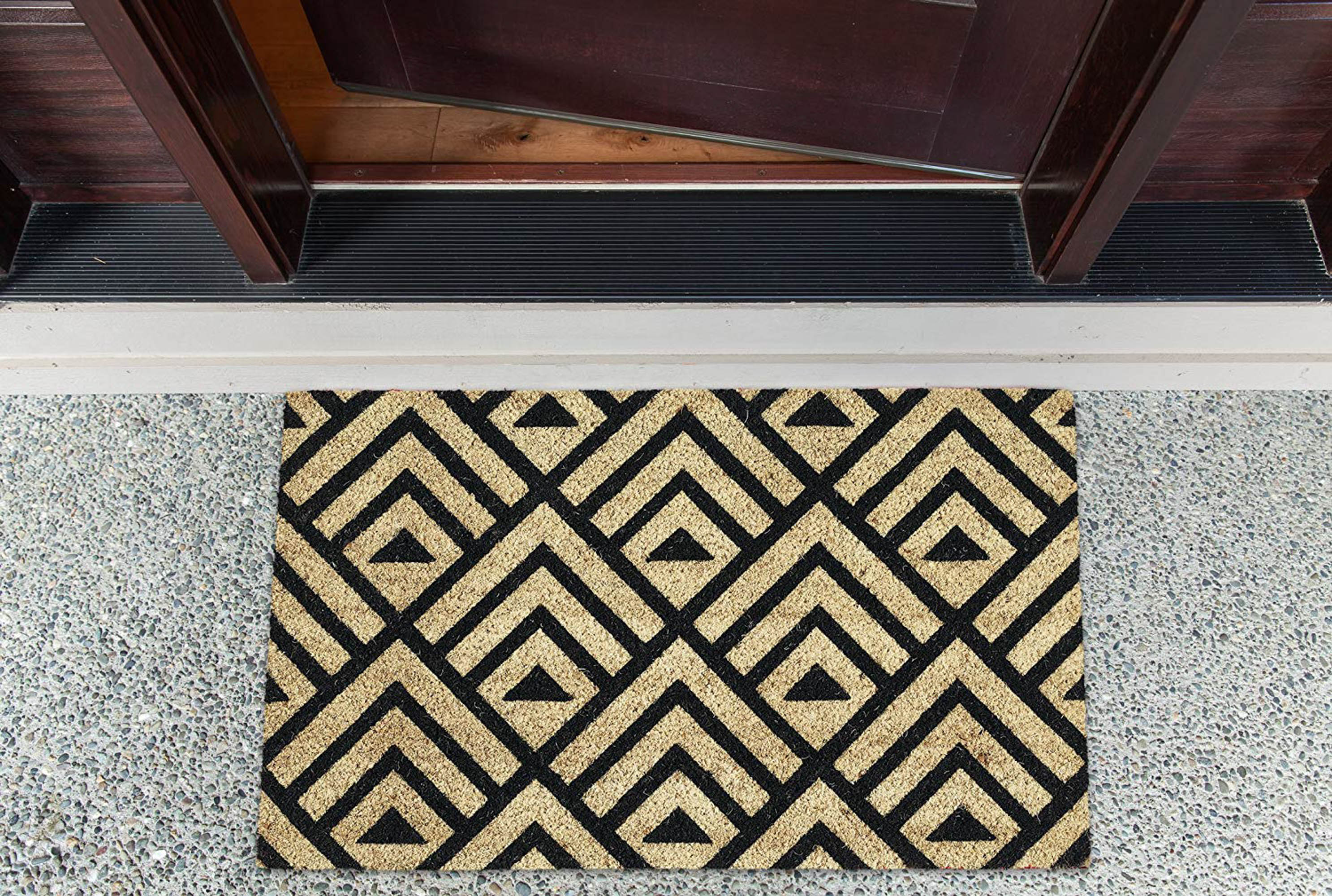Geometric Black and Beige Coir Outdoor Doormat, 18x30 Inches