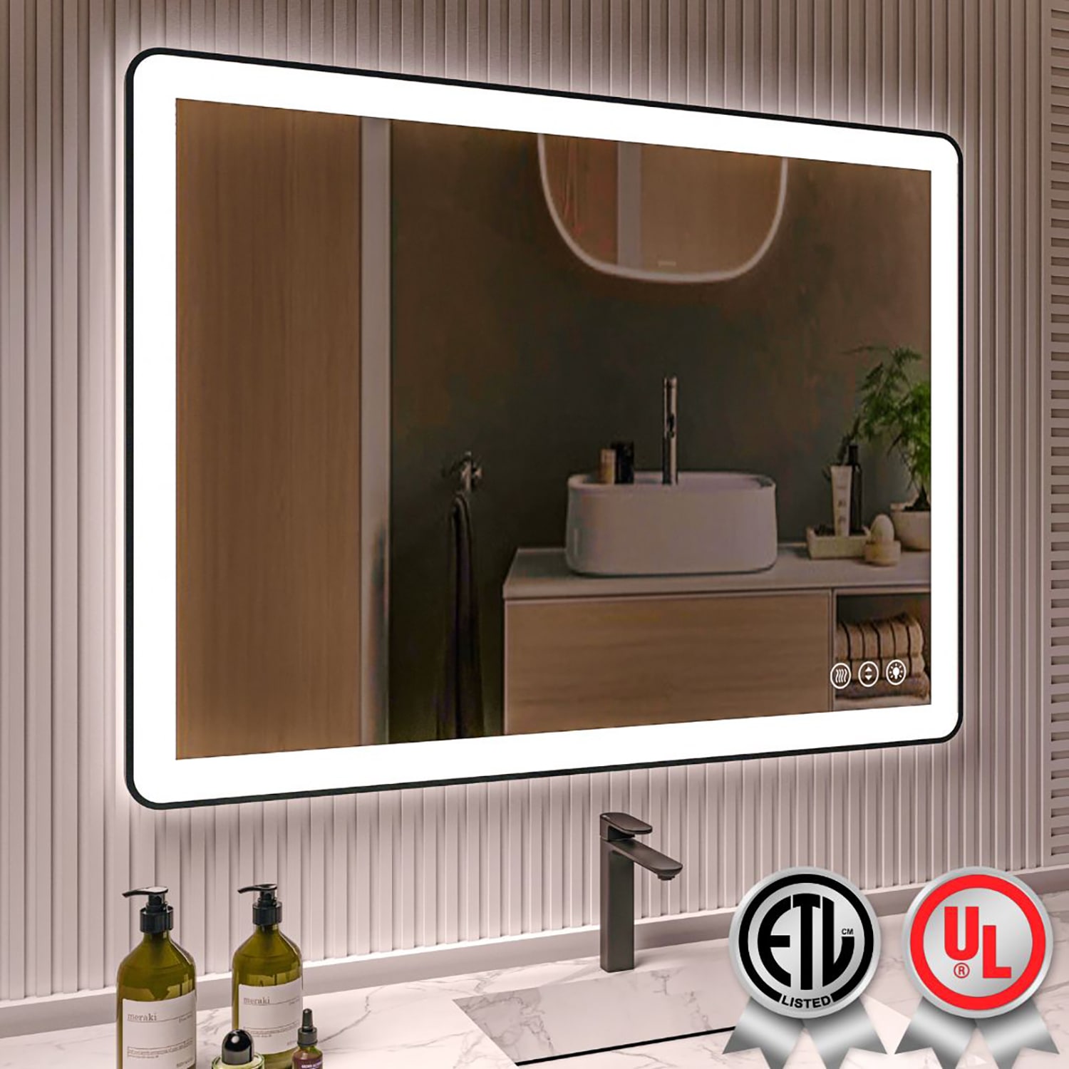 waterpar WPLO-2474 48-Inches x 36-Inches Polished Rectangle Dimmable Lighted Fog Free Bathroom Vanity Mirror ( Black )
