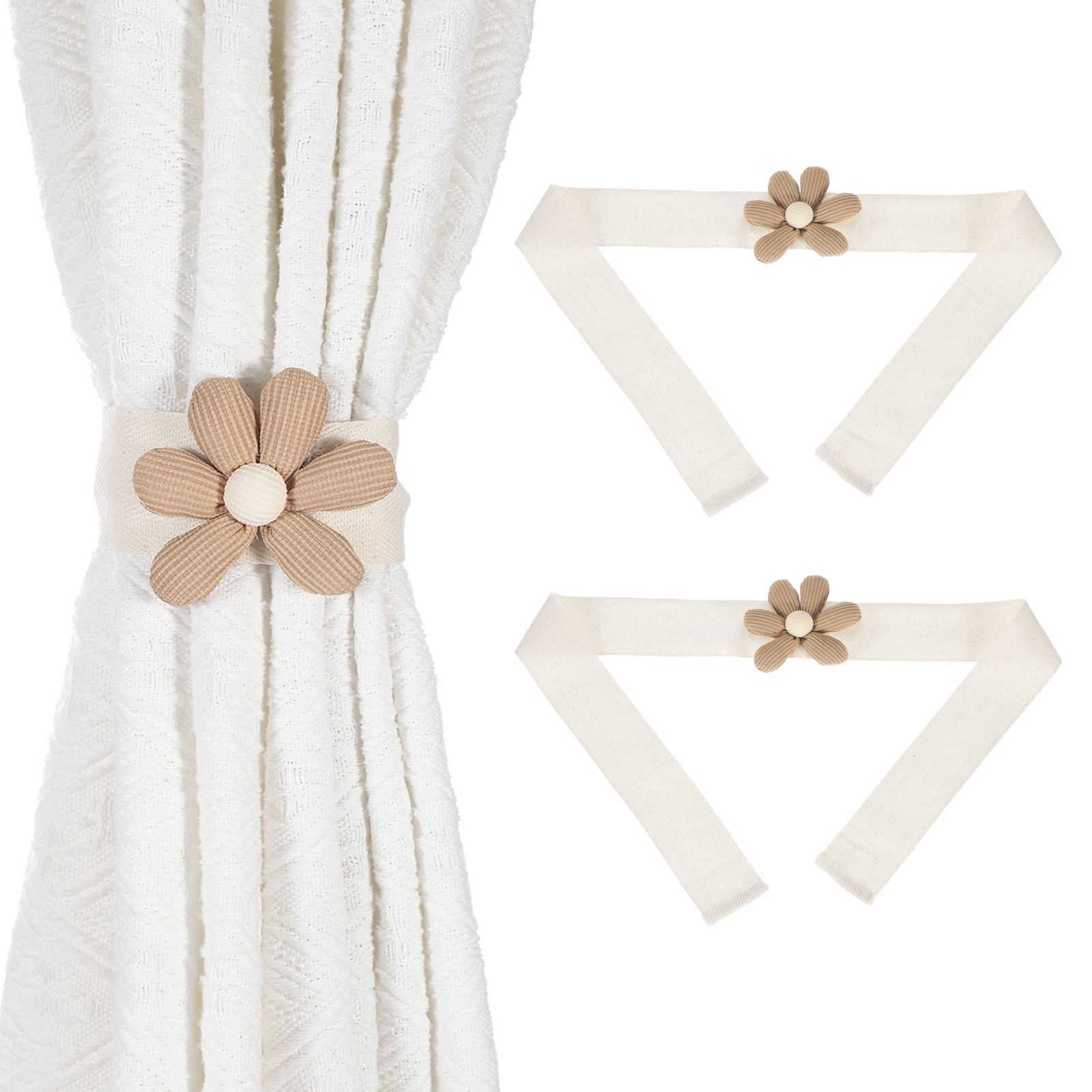 Unique Bargains S25093001UX5475 Curtain Tiebacks Pack of 2 Cute Flower Curtain Ties Holdbacks Window Tie Backs Clips Decorative Rope Curtain Holdback Holder Handmade for Home Office Decor Six-petal Khaki