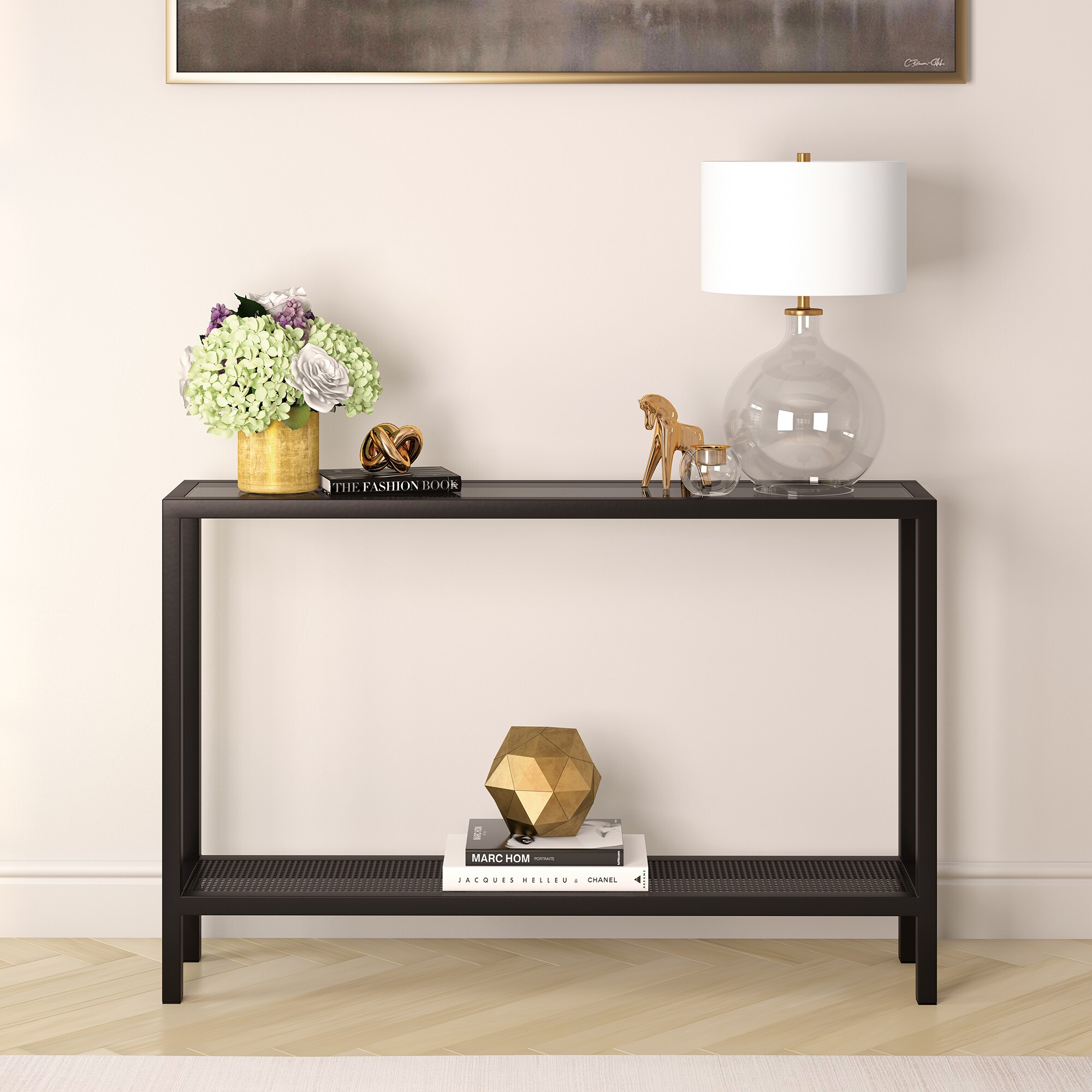 Evelyn&Zoe 46" Blackened Bronze Metal & Glass Console Table with Storage