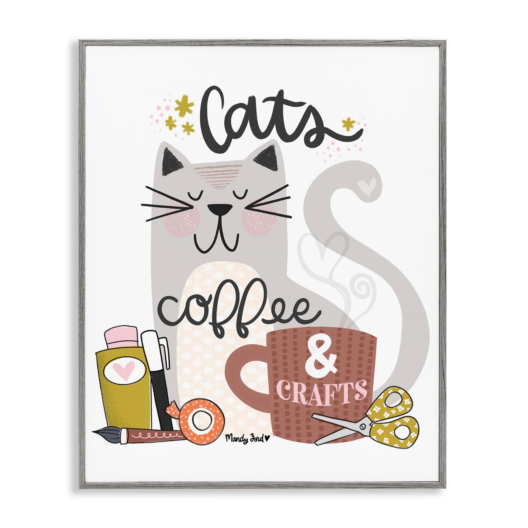 Stupell Industries -  Cats Coffee and Crafts Gray Framed Giclee Art By Mandy Ford Art + Illustrat...