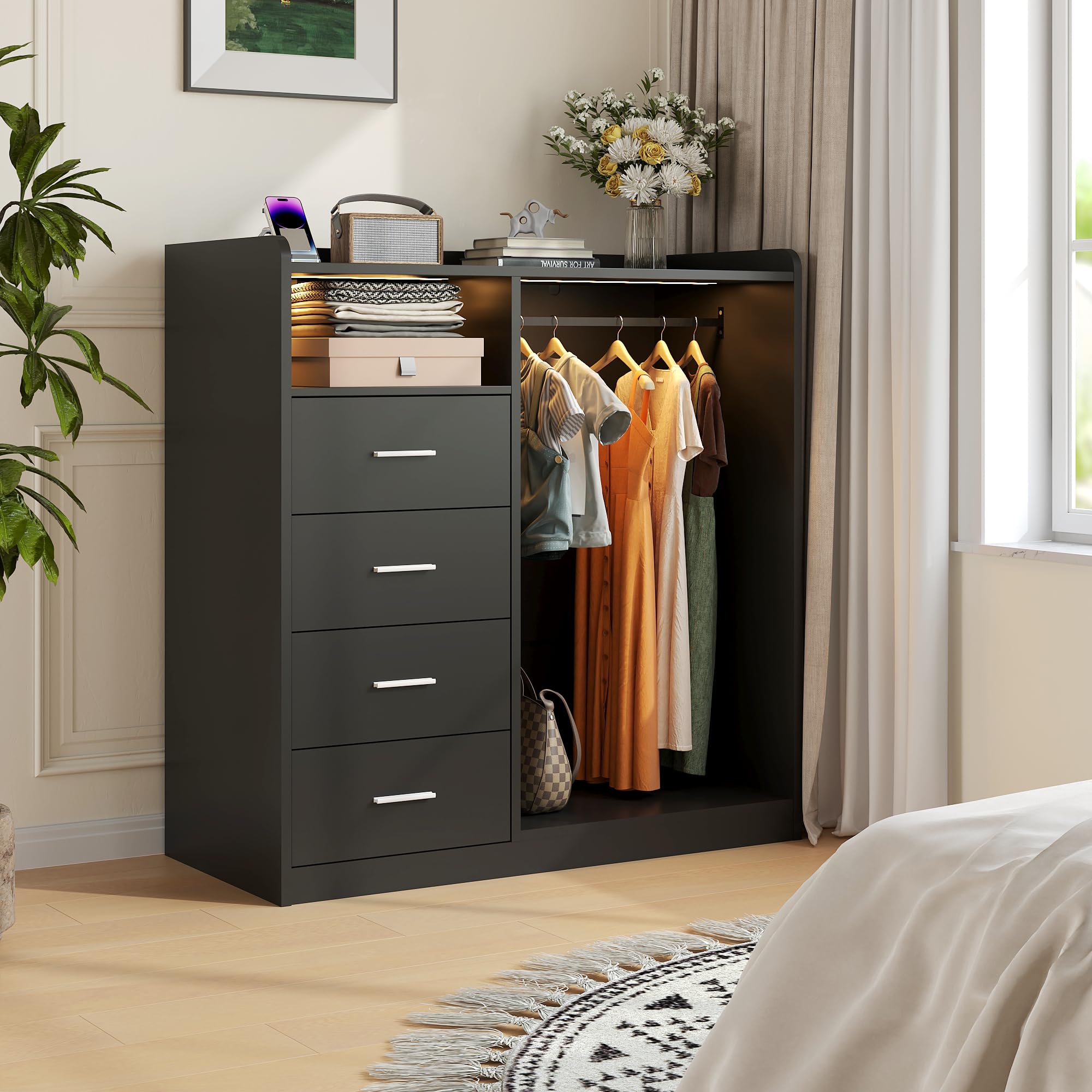 IdealHouse 4-Drawer Wardrobe Closet Organizer with Hanging Rack LED Lights Charging Station Open Shelves -  Large Dressers and Chest of Drawers Storage Organizer with Shelves for Bedroom Living Room Black