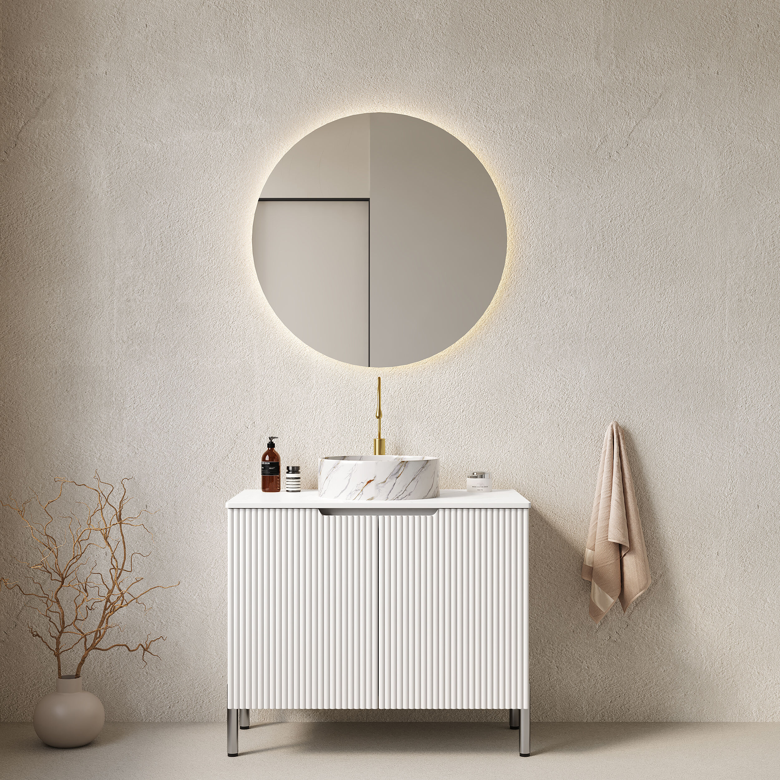 LUXEYARD TURIO 30 Bathroom Vanity With Sink Freestanding Bathroom Storage Cabinet With 2 Doors White Round Ceramic Basin With Stone Pattern And Carrara White Counter Top No Faucet White Color