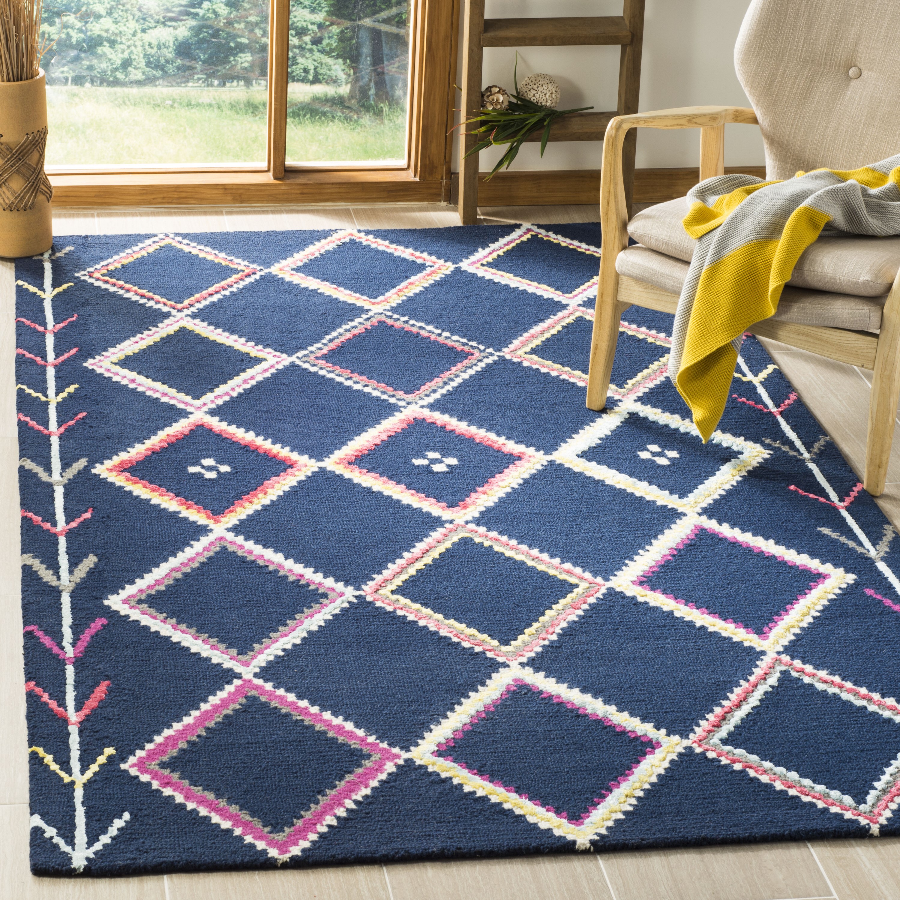 Safavieh BLG563N-24 Bellagio Delicia 3 x 4 (ft) Tufted Wool Navy/Multi Rectangular Indoor Geometric Farmhouse/Cottage Throw rug