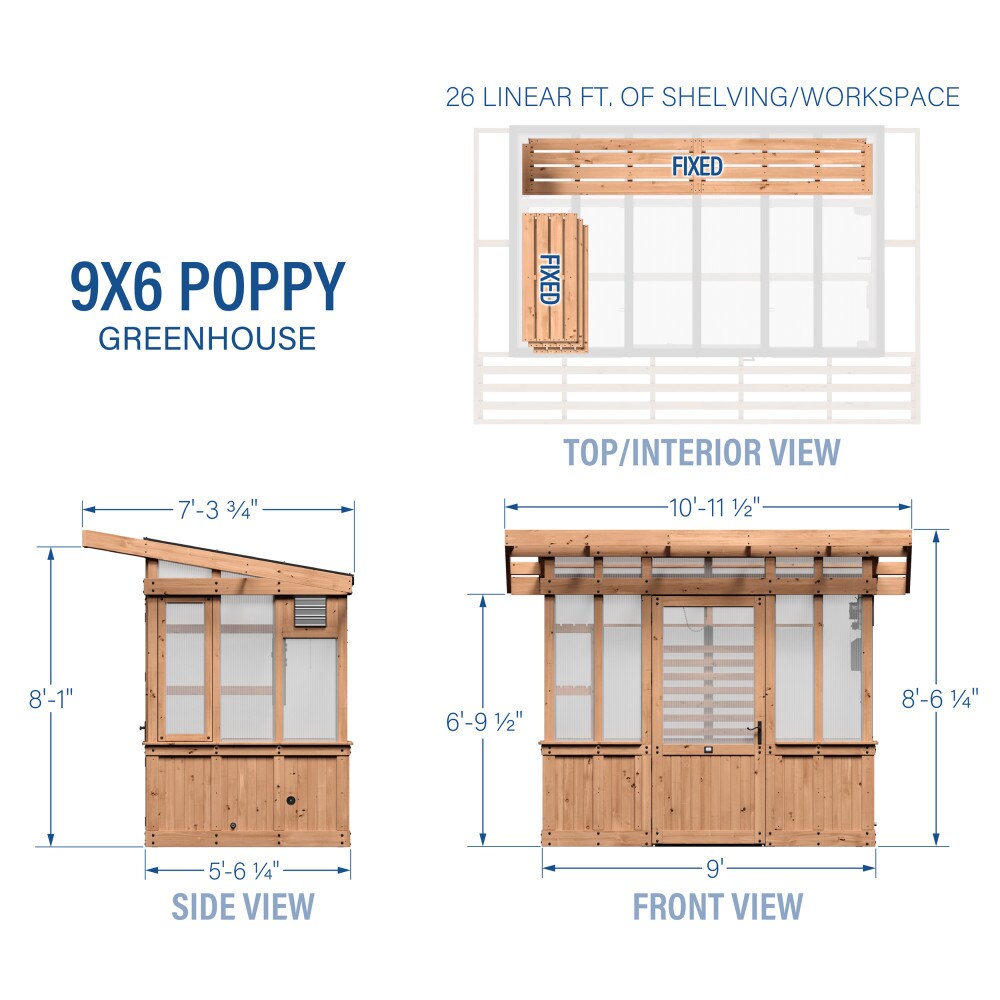 Poppy 9'x6' Cedar Wood and Polycarbonate Greenhouse Kit with PowerPort