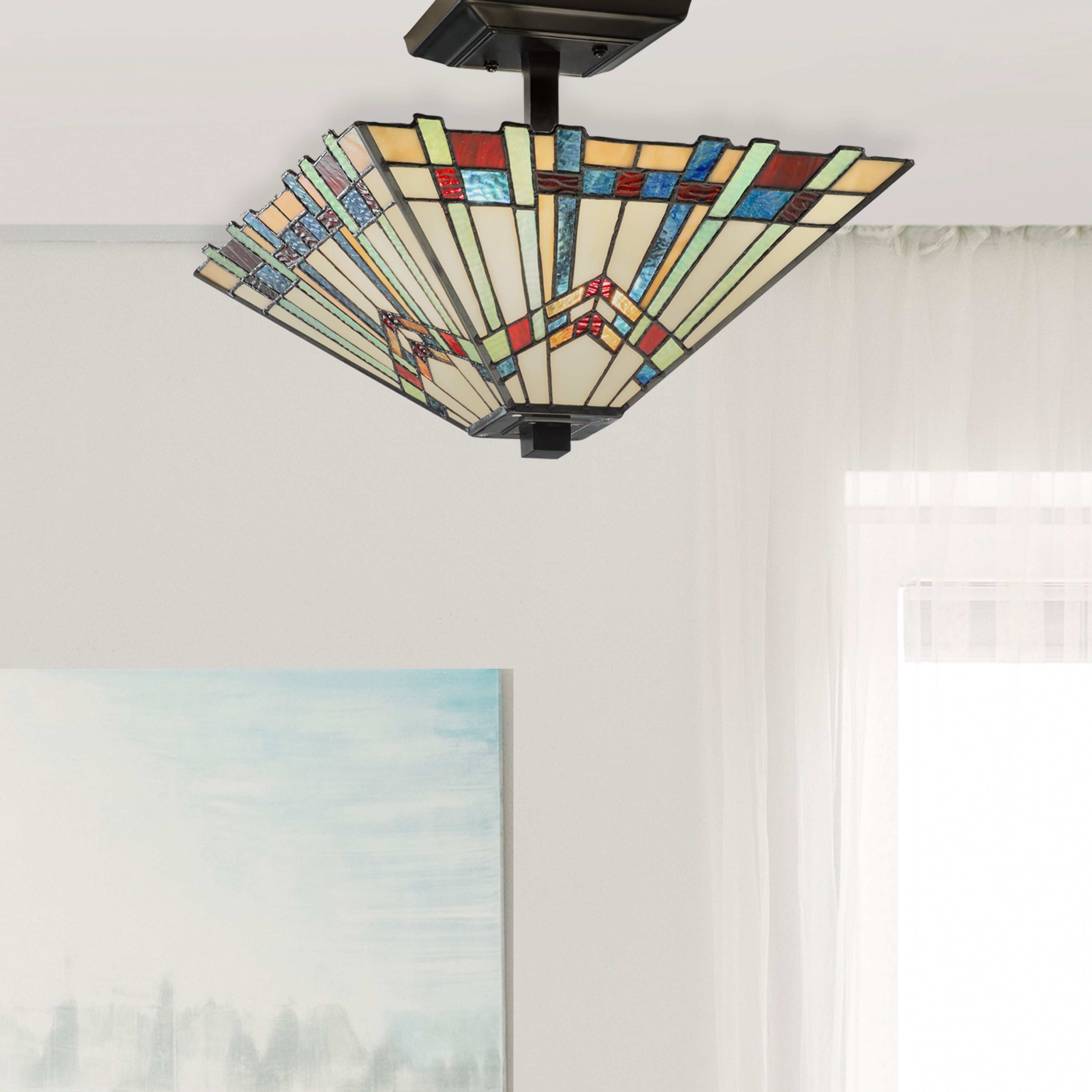 Mission-Inspired 18'' Tiffany Style Stained Glass Semi-Flush Mount in Oil-Rubbed Bronze