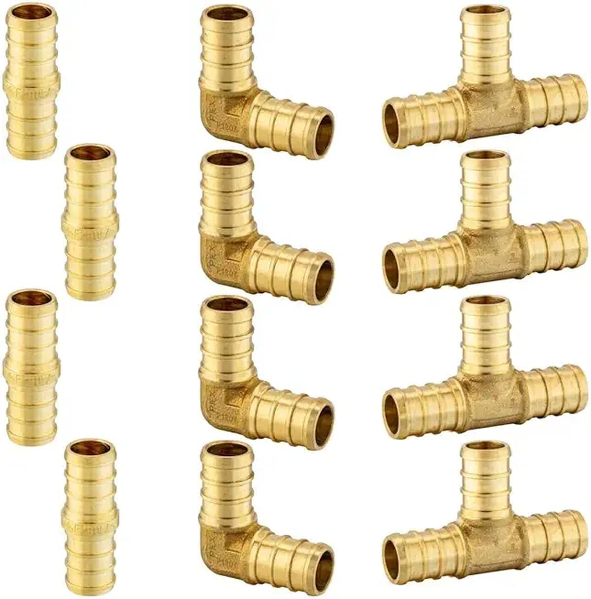 EFIELD  12-Pack 3/4 inch Pex Barb Crimp Brass Fitting Mix Tee and Straight Coupling and 90 Degree Elbow 4 Pcs/Each
