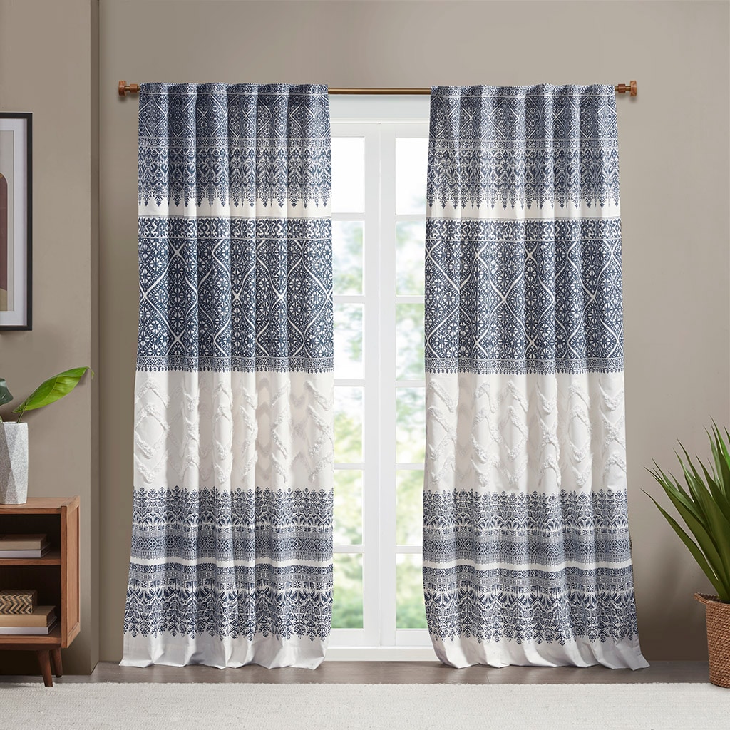 Blisstyle Cotton Printed Curtain Panel with Chenille Detail and Lining Linen Curtains Living Room Bedroom Kitchen