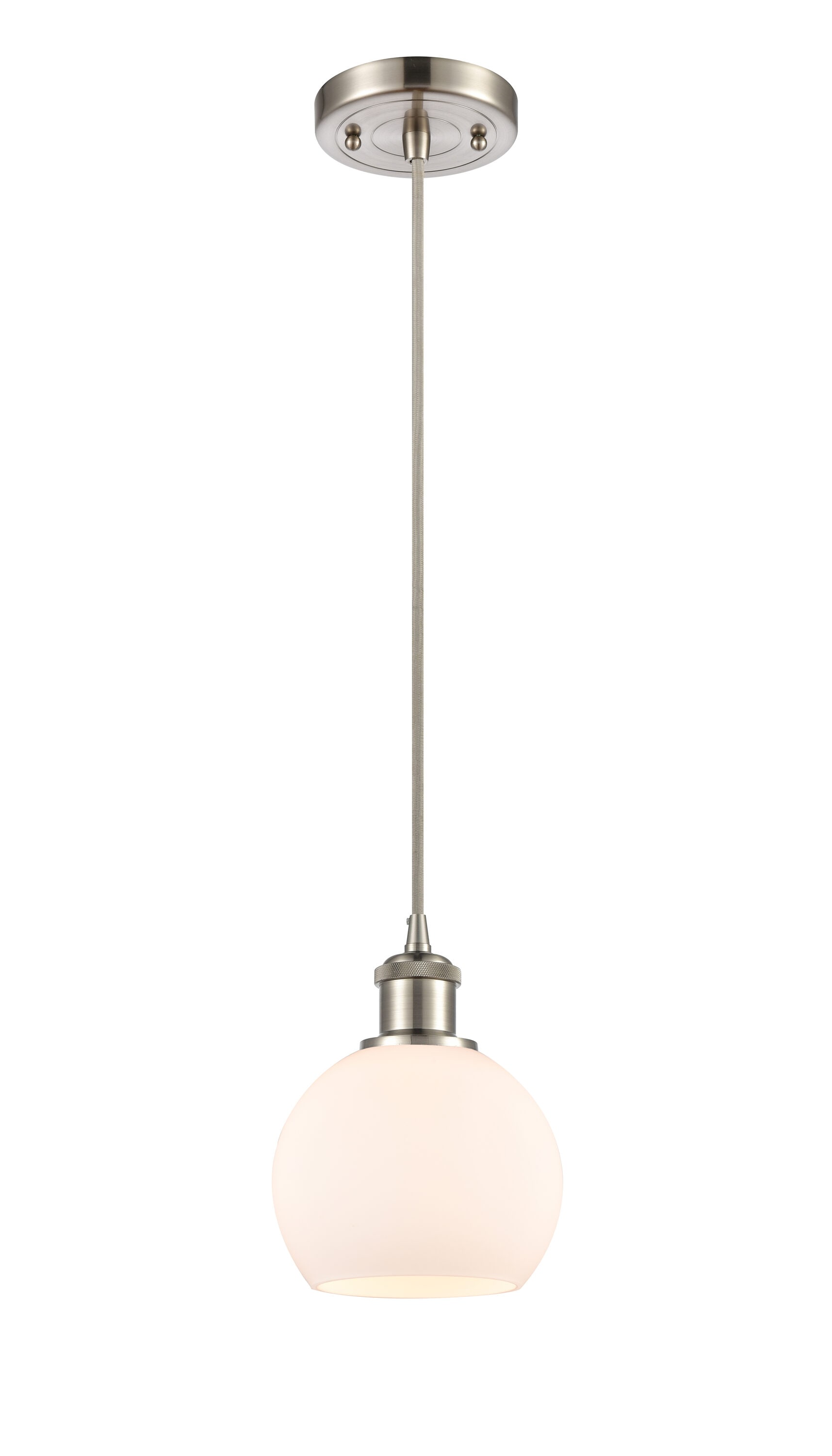 Athens Brushed Satin Nickel, Matte White Industrial Opal Glass Globe Mini Hanging Pendant Light | - Innovations Lighting 516-1P-SN-G121-6