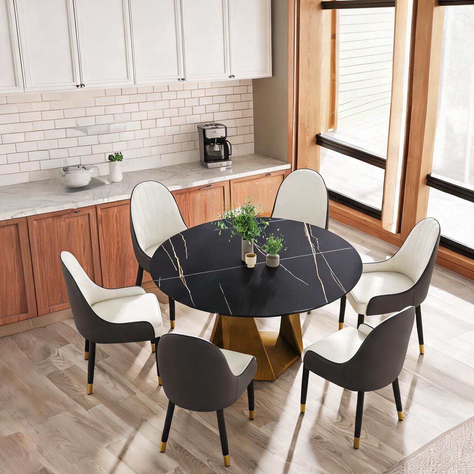 SunJet Black-Toned Sintered Stone Round Dining Table with Bronze Steel ...