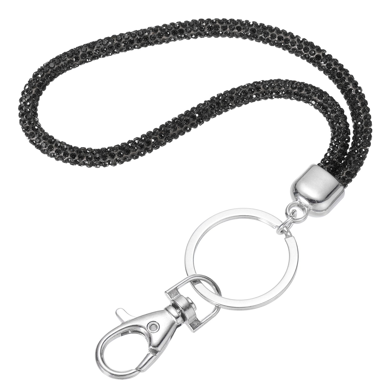 Unique Bargains Bling Crystal Lanyard 30cm(11.8 Inch) Phone Wrist Strap Glitters Rhinestones Lanyard Keychain Office Neck Strap with Metal Clasp and Keyring for Women ID Card Keys Strap Grey Black
