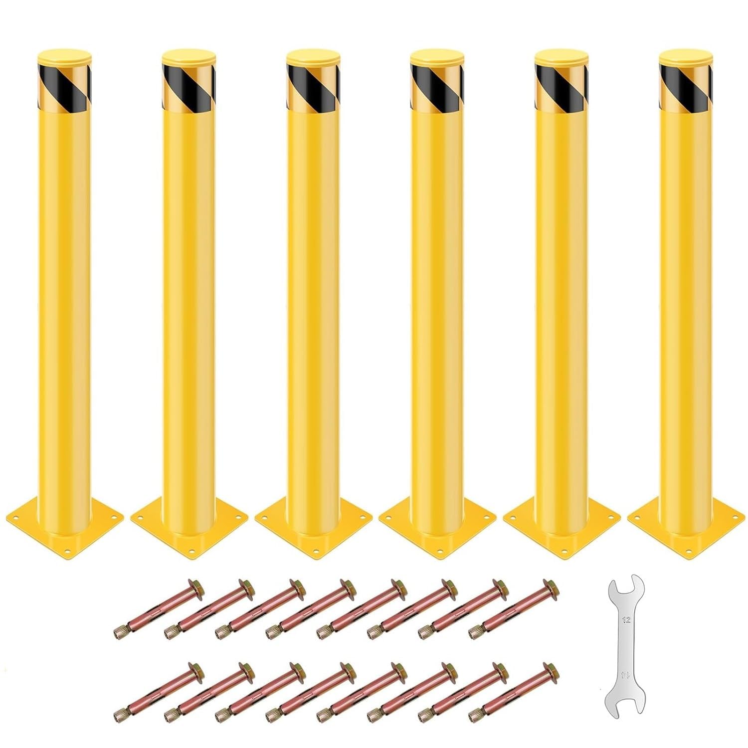 Garvee Yellow Steel Safety Bollard Set 6 Pieces 36 Inch Tall 4.5 Inch Diameter Includes 24 Anchor Bolts Wrench and Installation Template