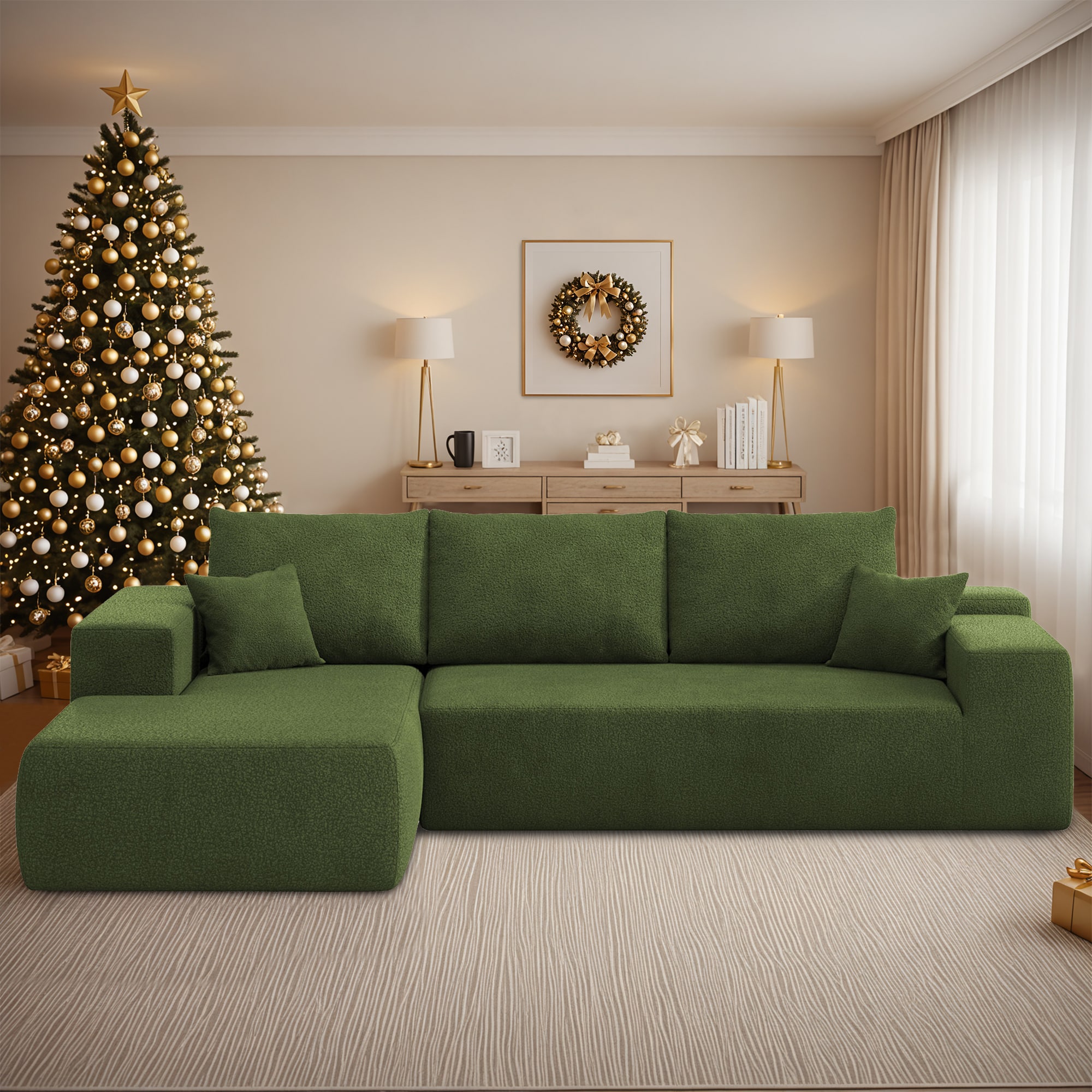 Pouuin SVIVI-670L 106.2-in Casual Green Cloud Velvet Velvet 3 -seater Sectional